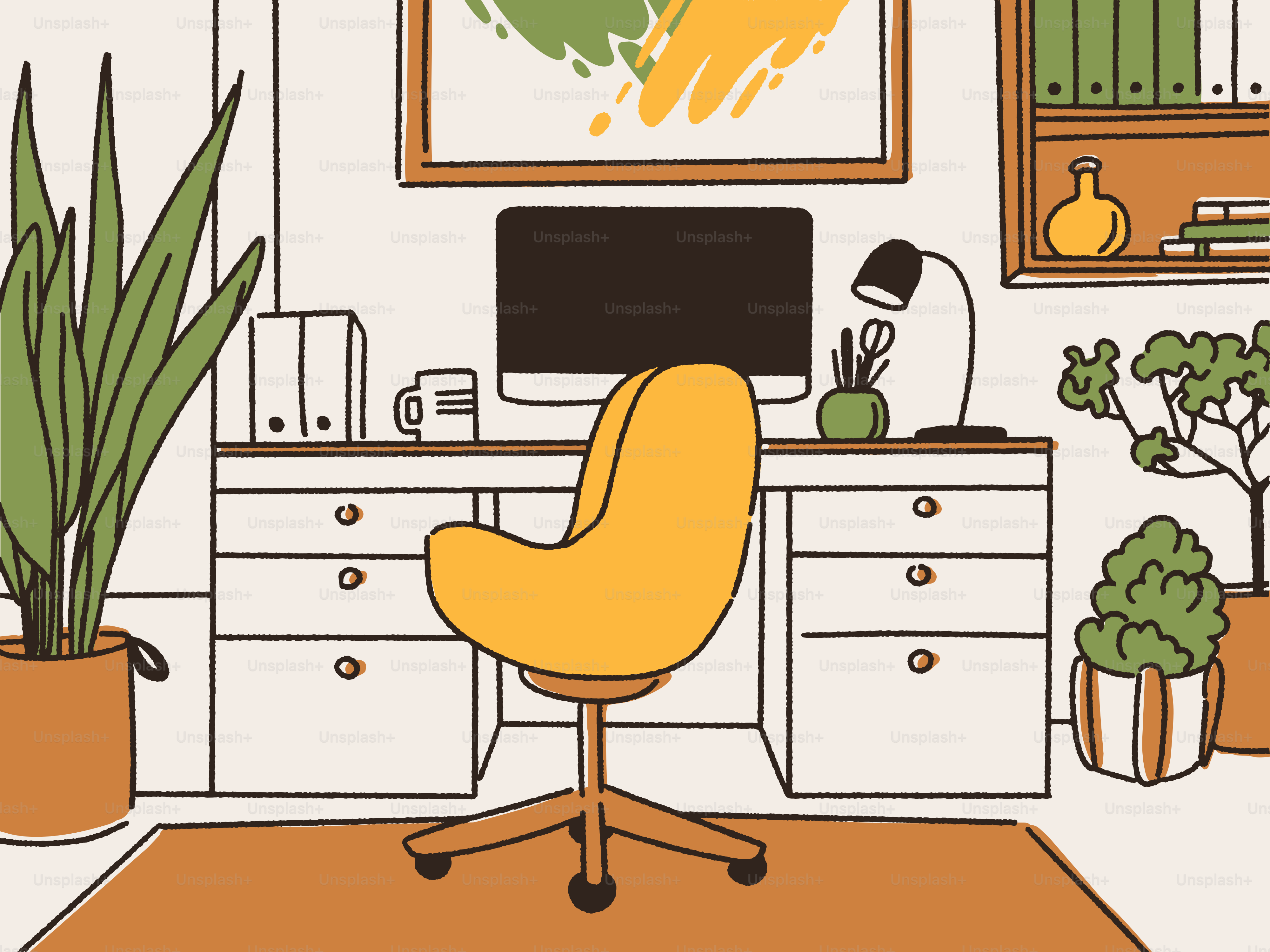 Accogliente scrivania per l'home office con piante e arte.