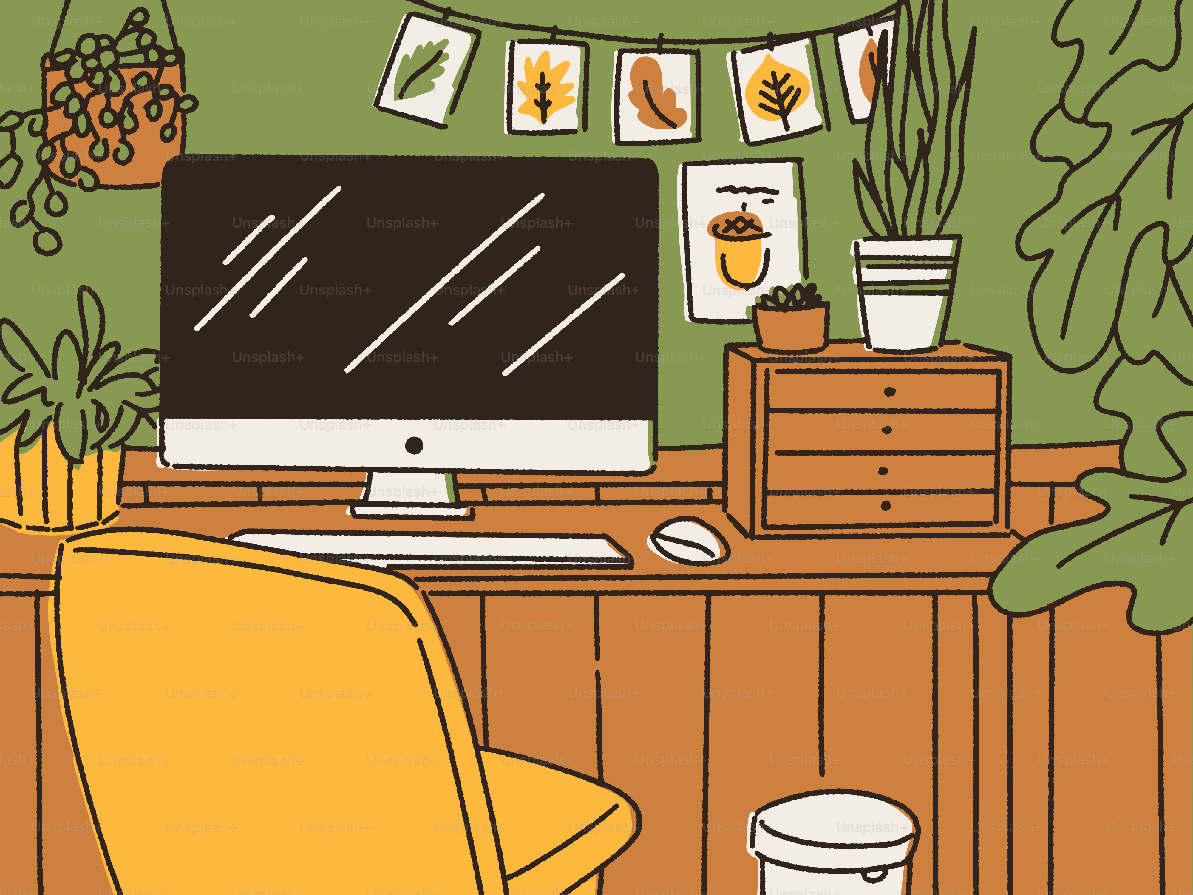 Un bureau à domicile chaleureux avec des plantes et des œuvres d’art.