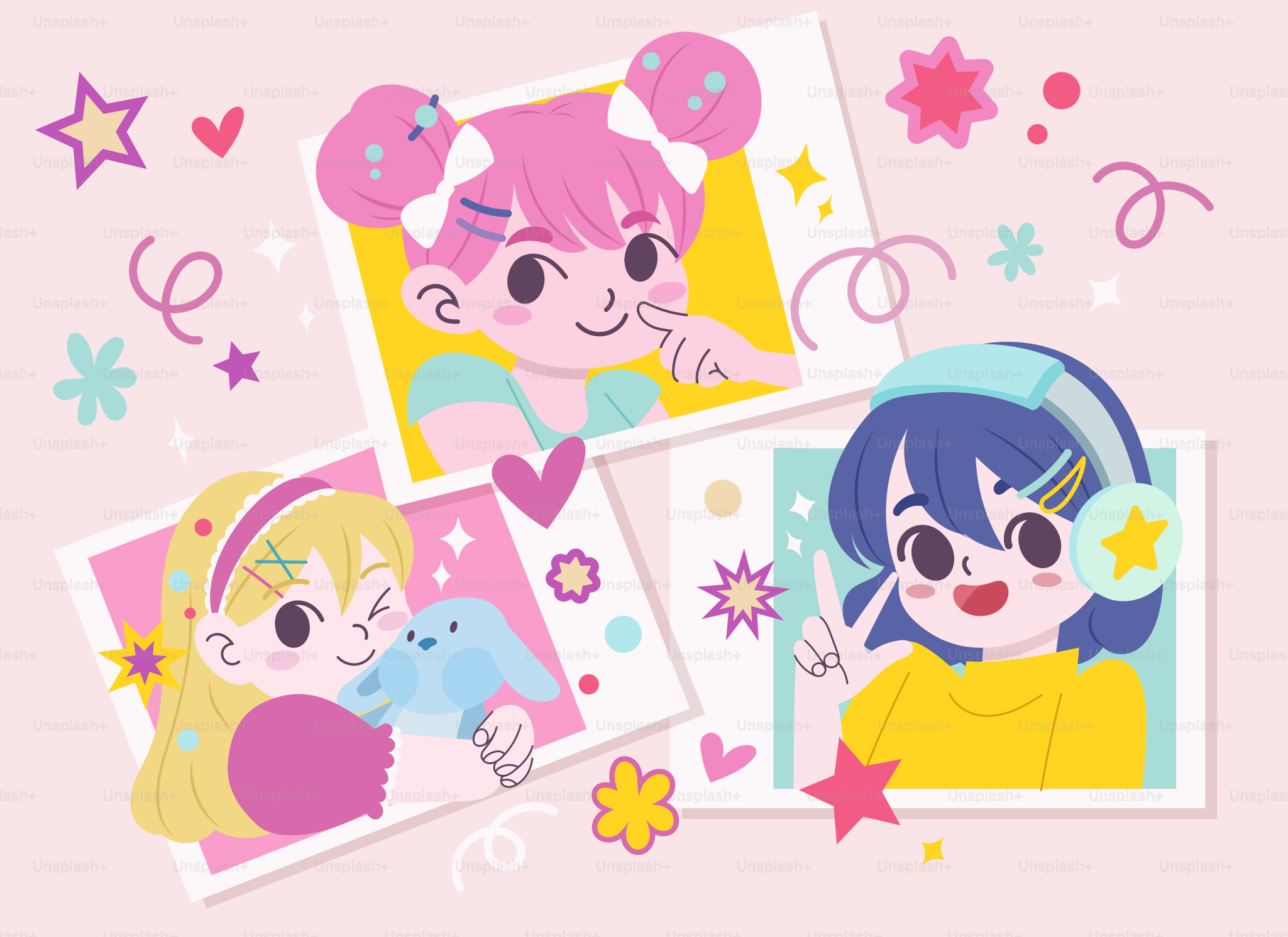 Cute anime girls pose for photos.