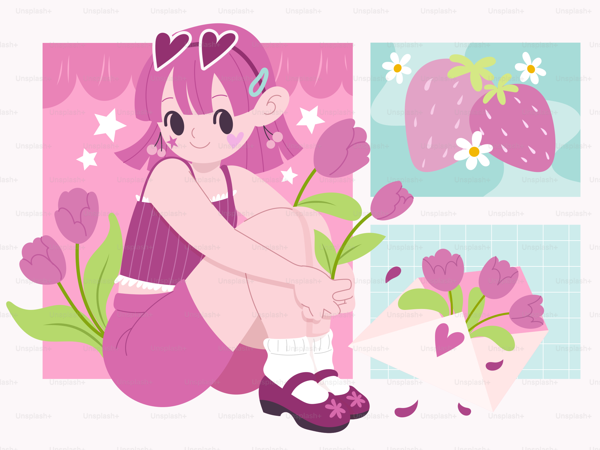 Ein Mädchen liebt Tulpen, Erdbeeren und einen Liebesbrief.