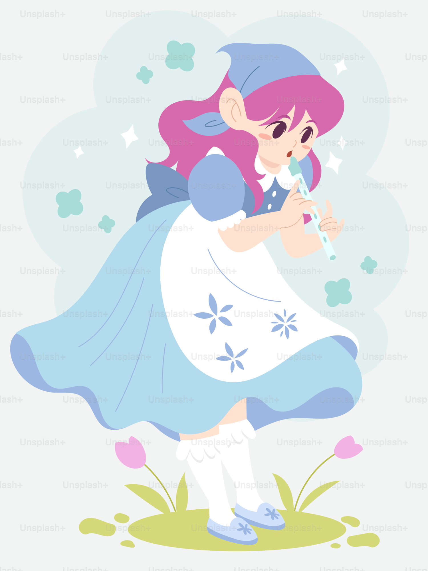 Una chica toca la flauta entre flores.