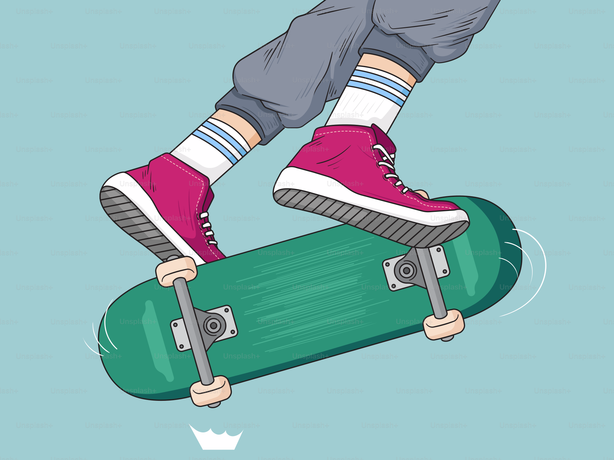 Skater in pink sneakers doing a skateboarding trick.