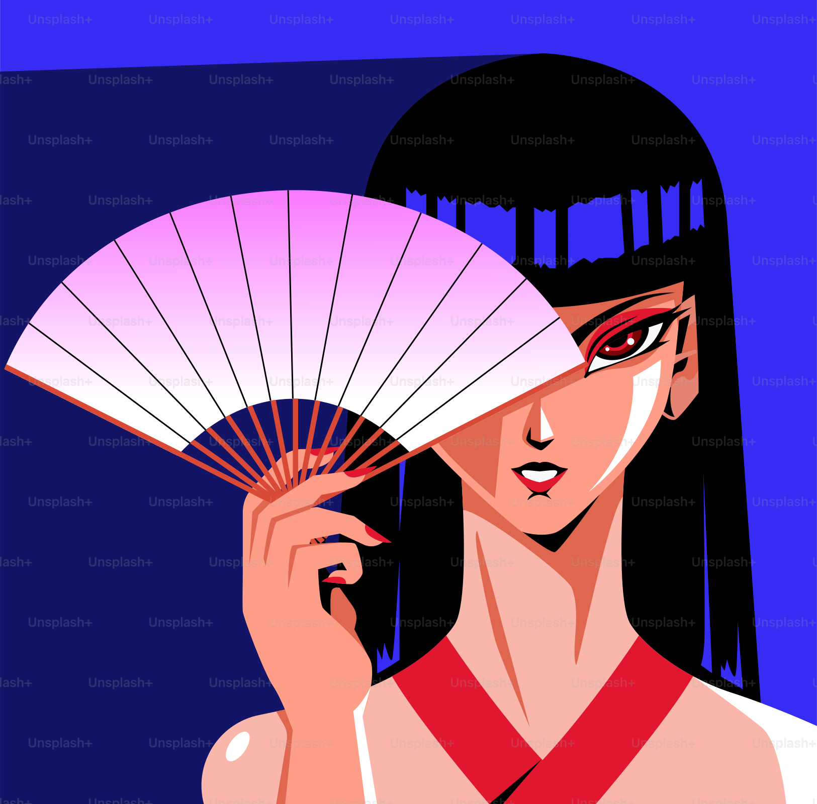 A woman holds a fan.