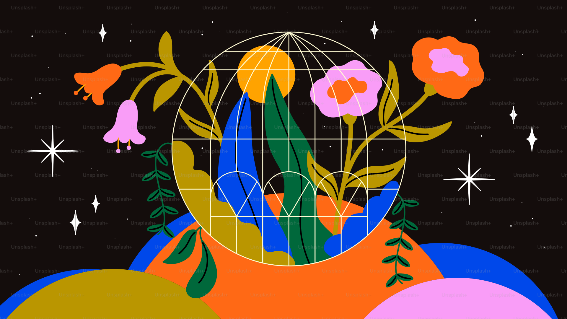 Flowers bloom inside a world in space.