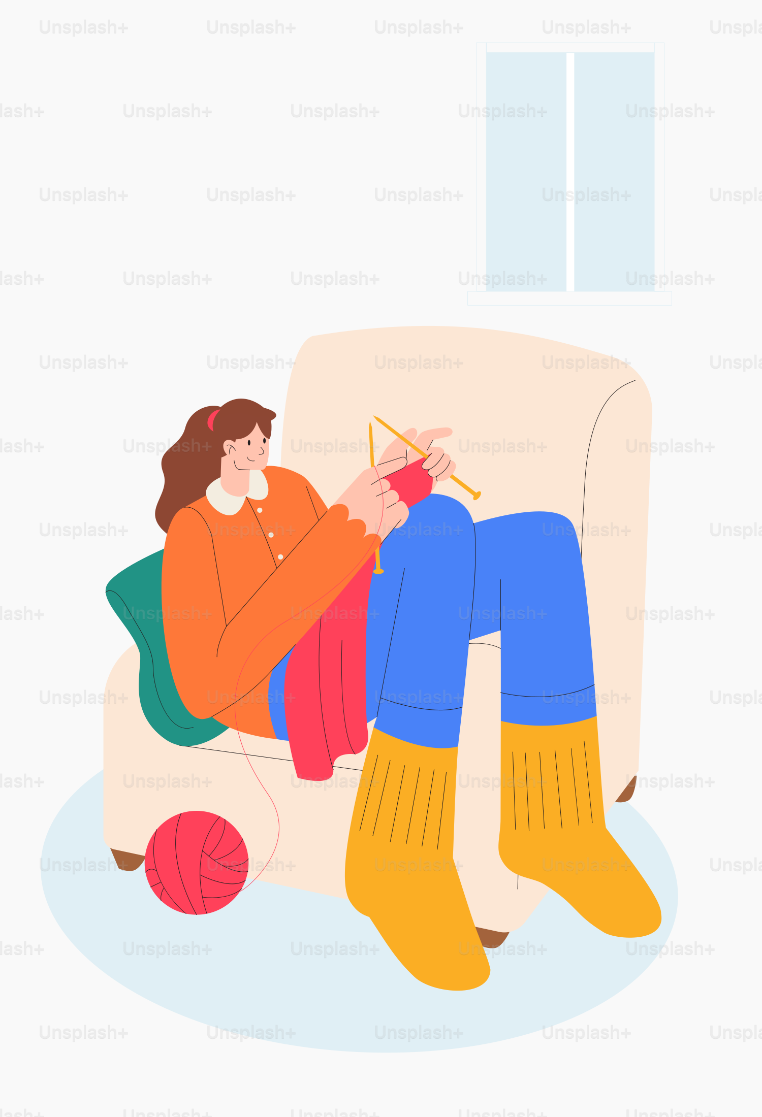 Woman knitting on a comfy chair, relaxing.