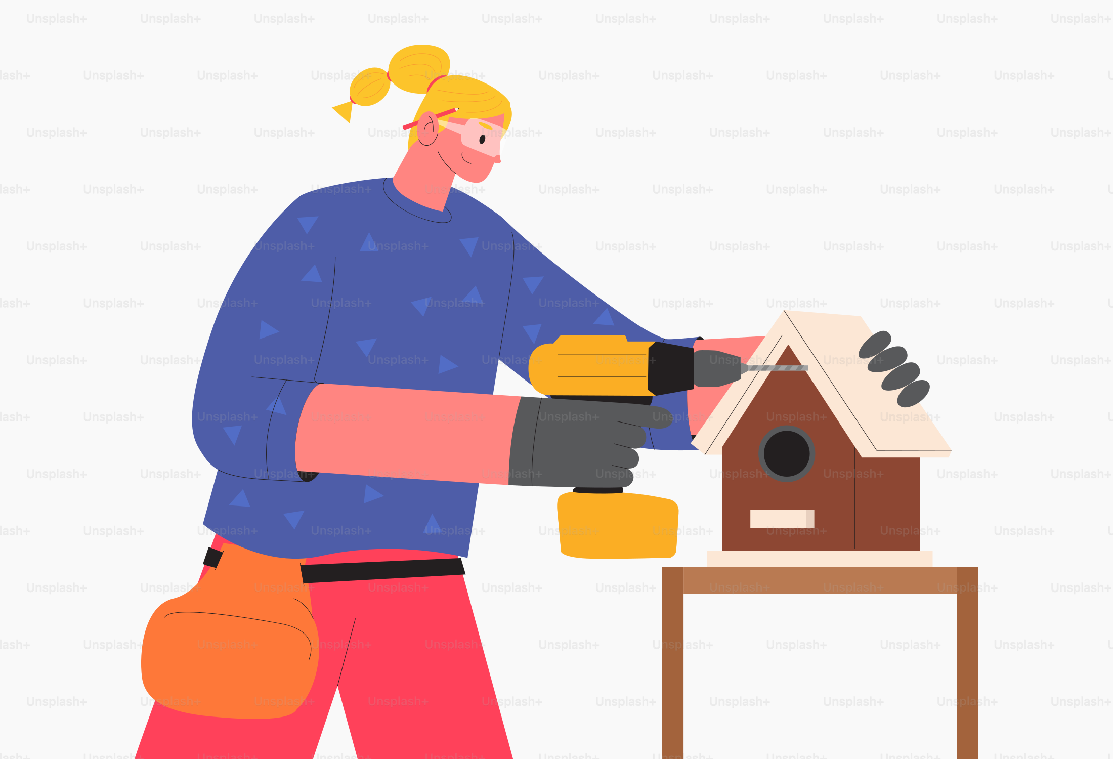 Une femme construit une niche à oiseaux avec une perceuse.