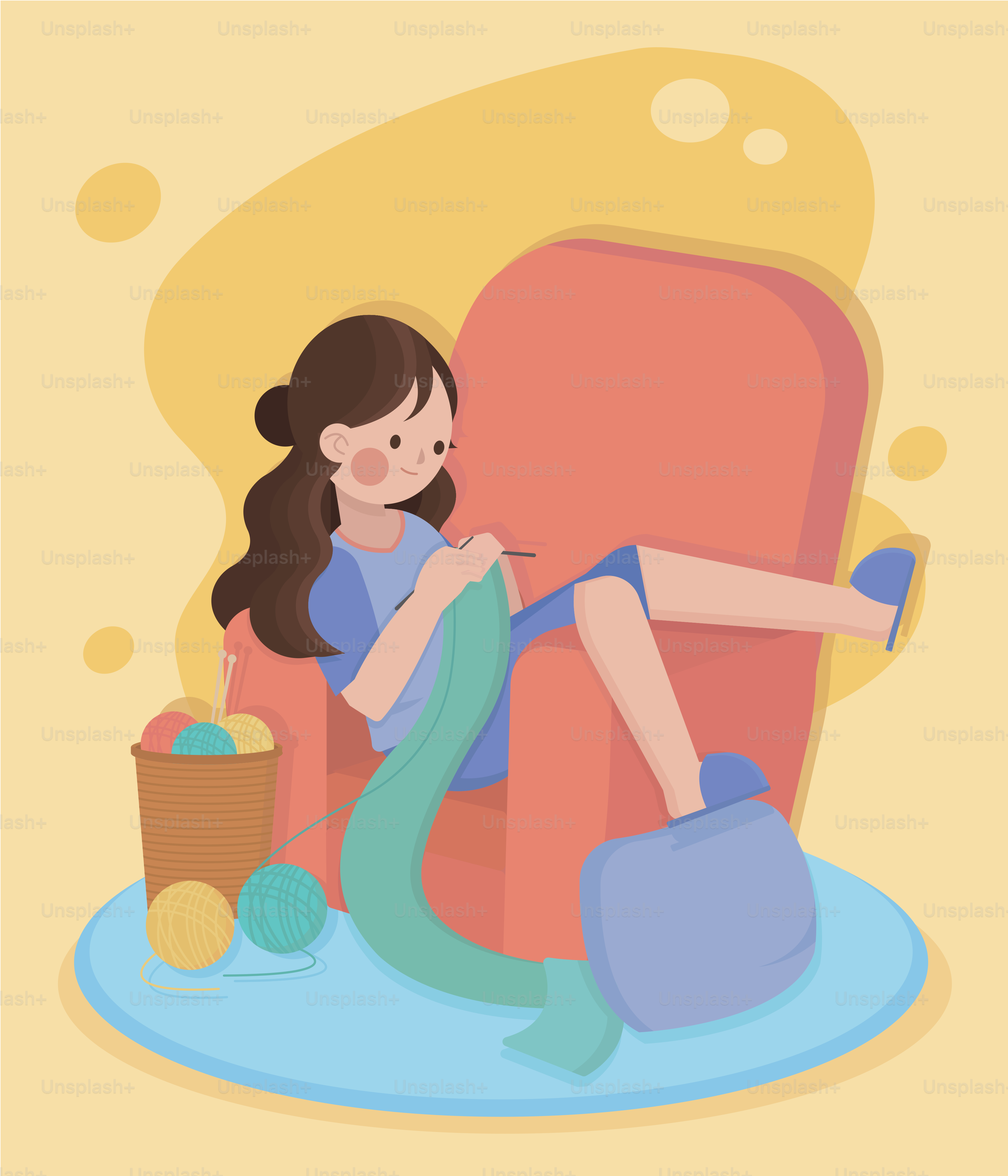 Une femme assise et tricote sur un fauteuil douillet.