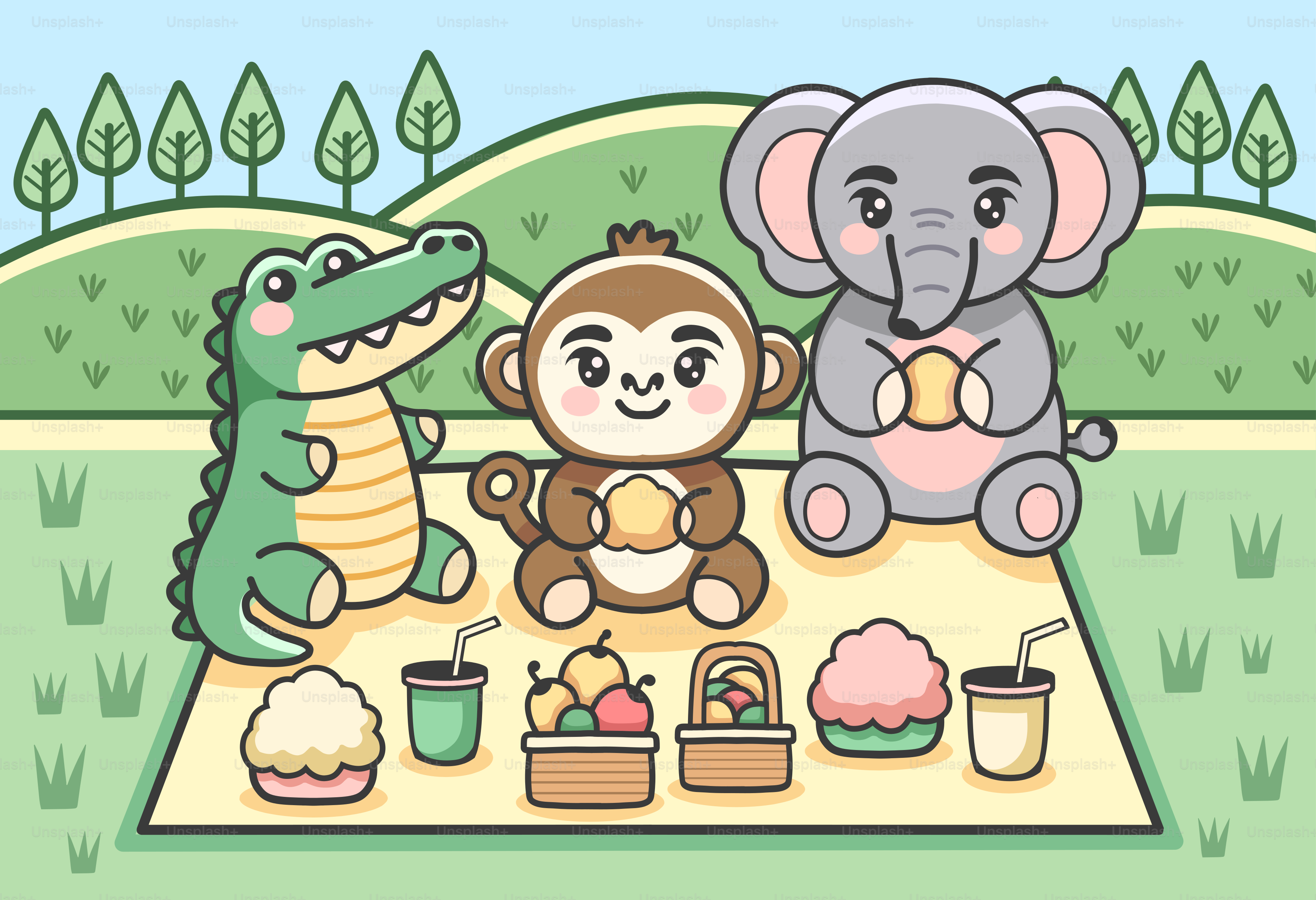 Animals enjoy a picnic in the park.