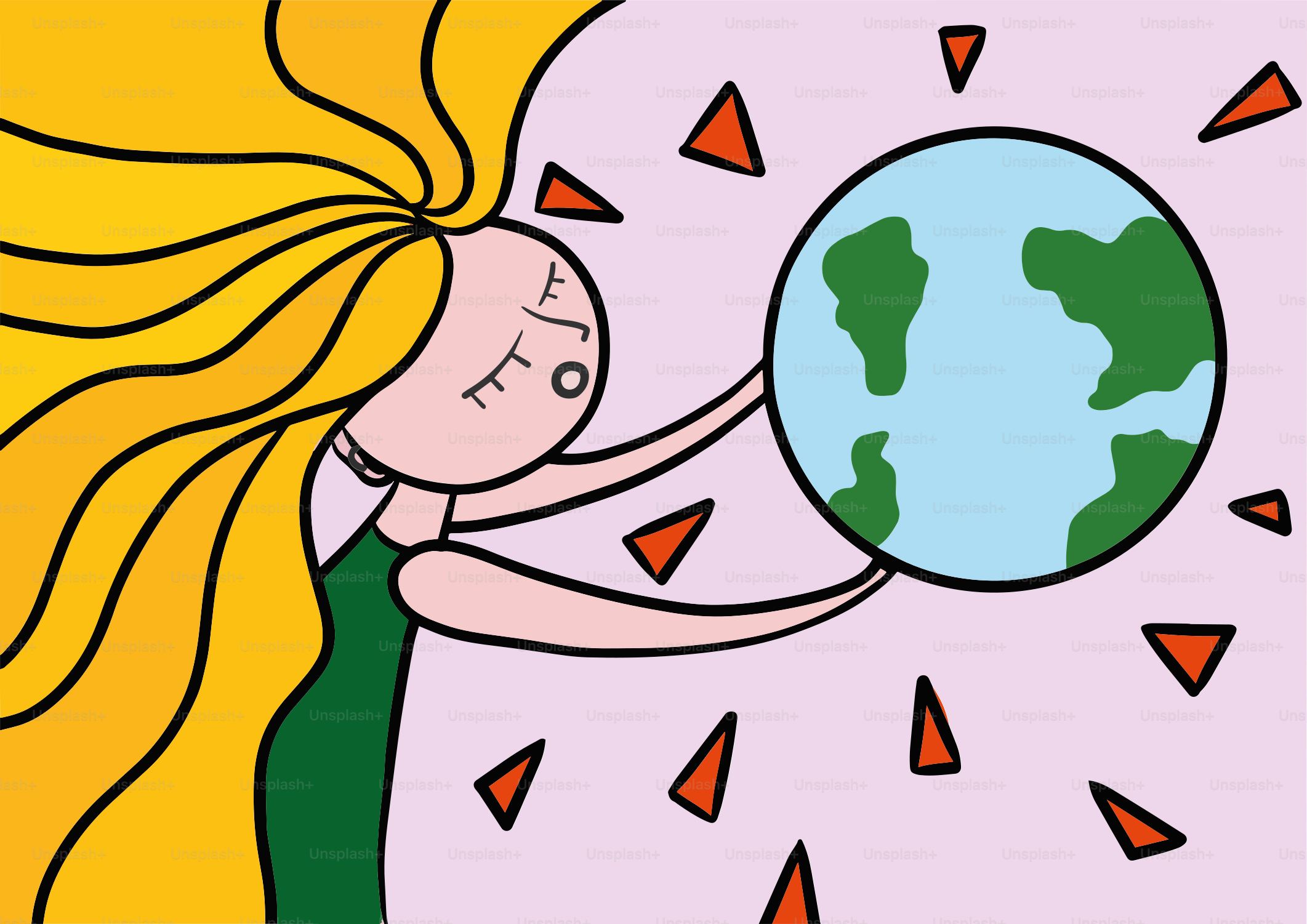 Woman holds earth, surrounded by radiating shapes.