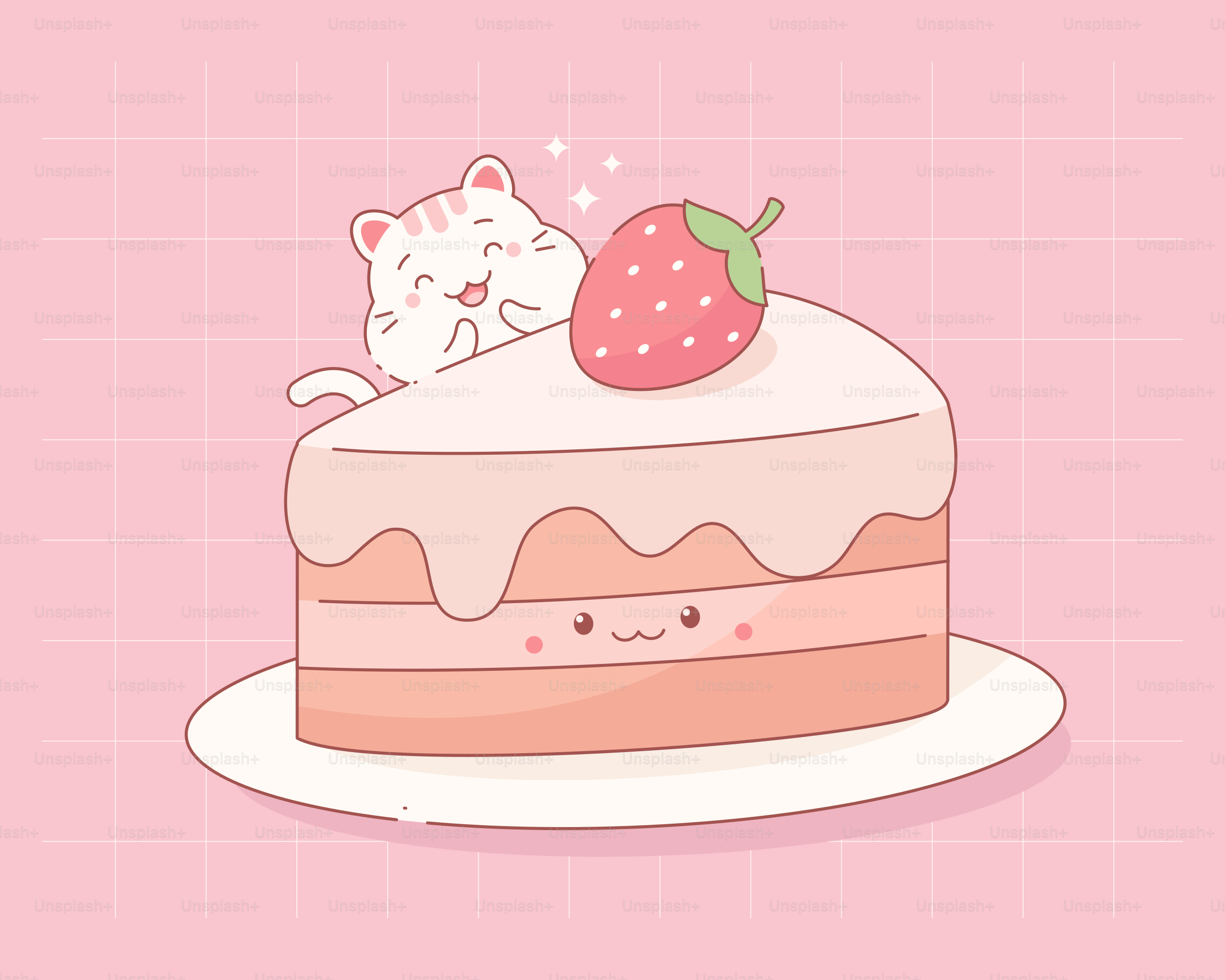 Cute cat loves a strawberry cake slice.