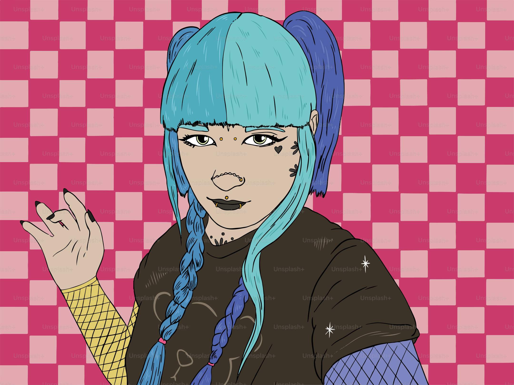 Una mujer de pelo azul con un fondo rosa.