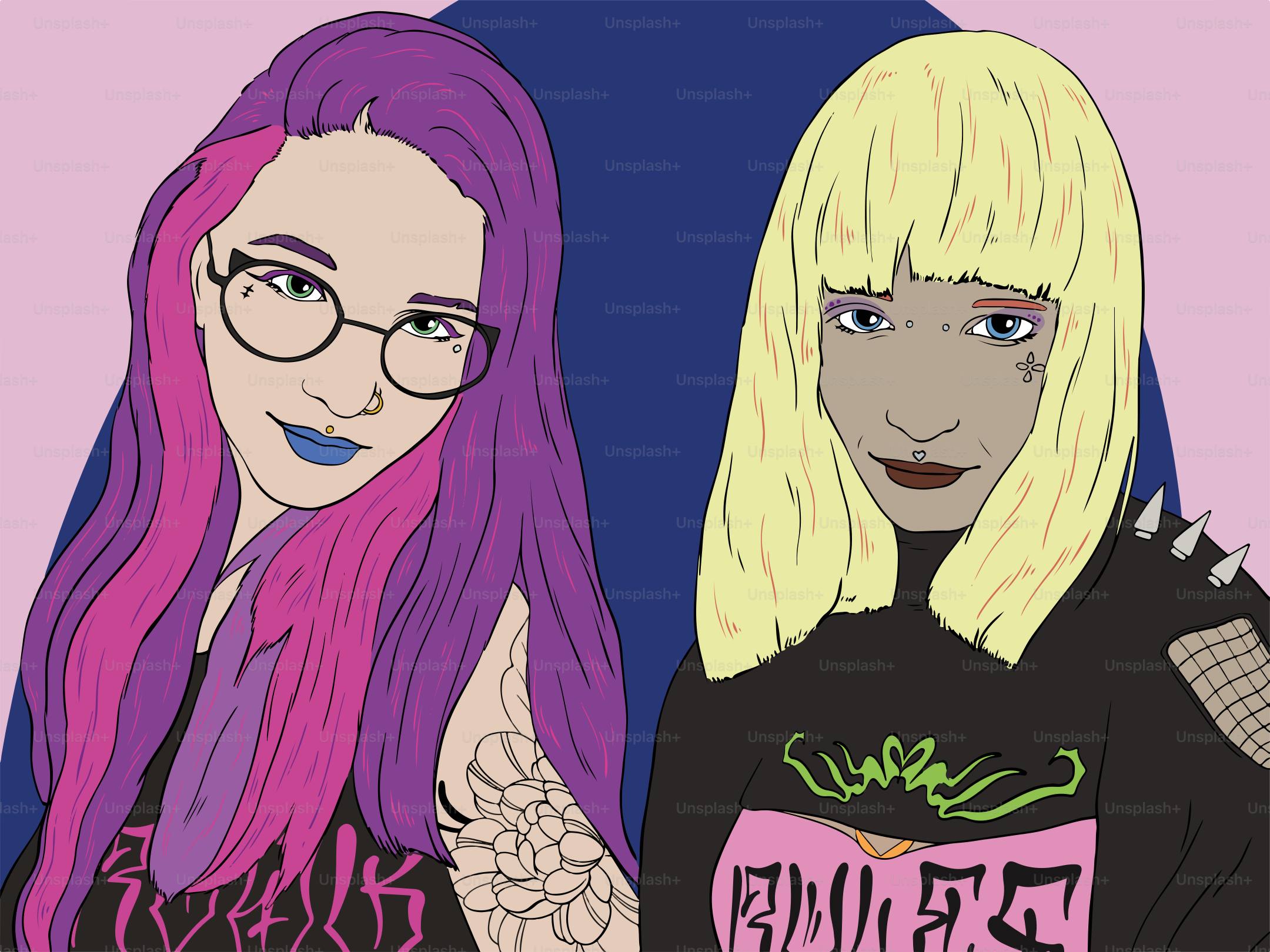 Two stylish women pose in a colorful digital art piece.