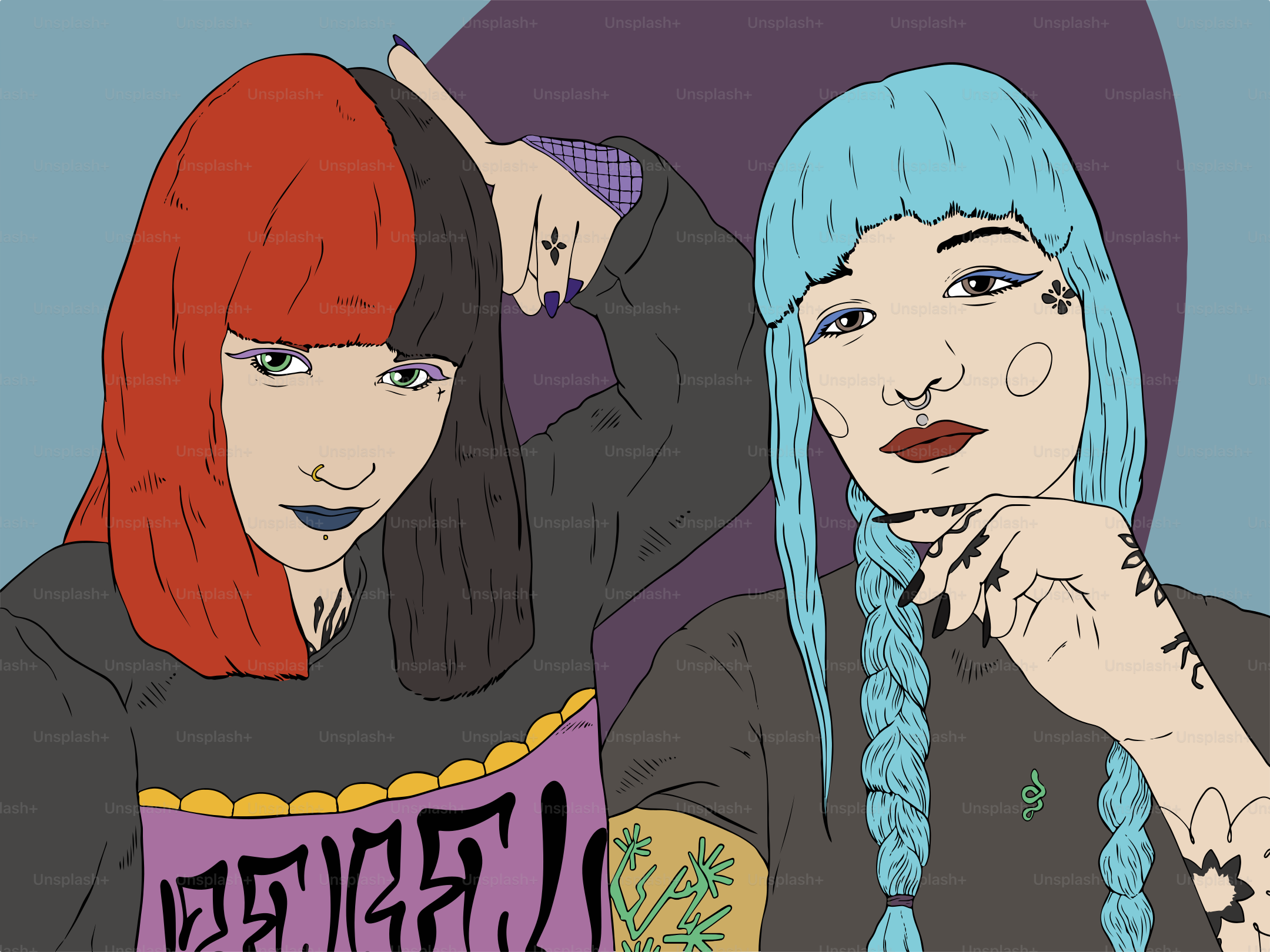 Sono ritratte due giovani donne dai capelli colorati.