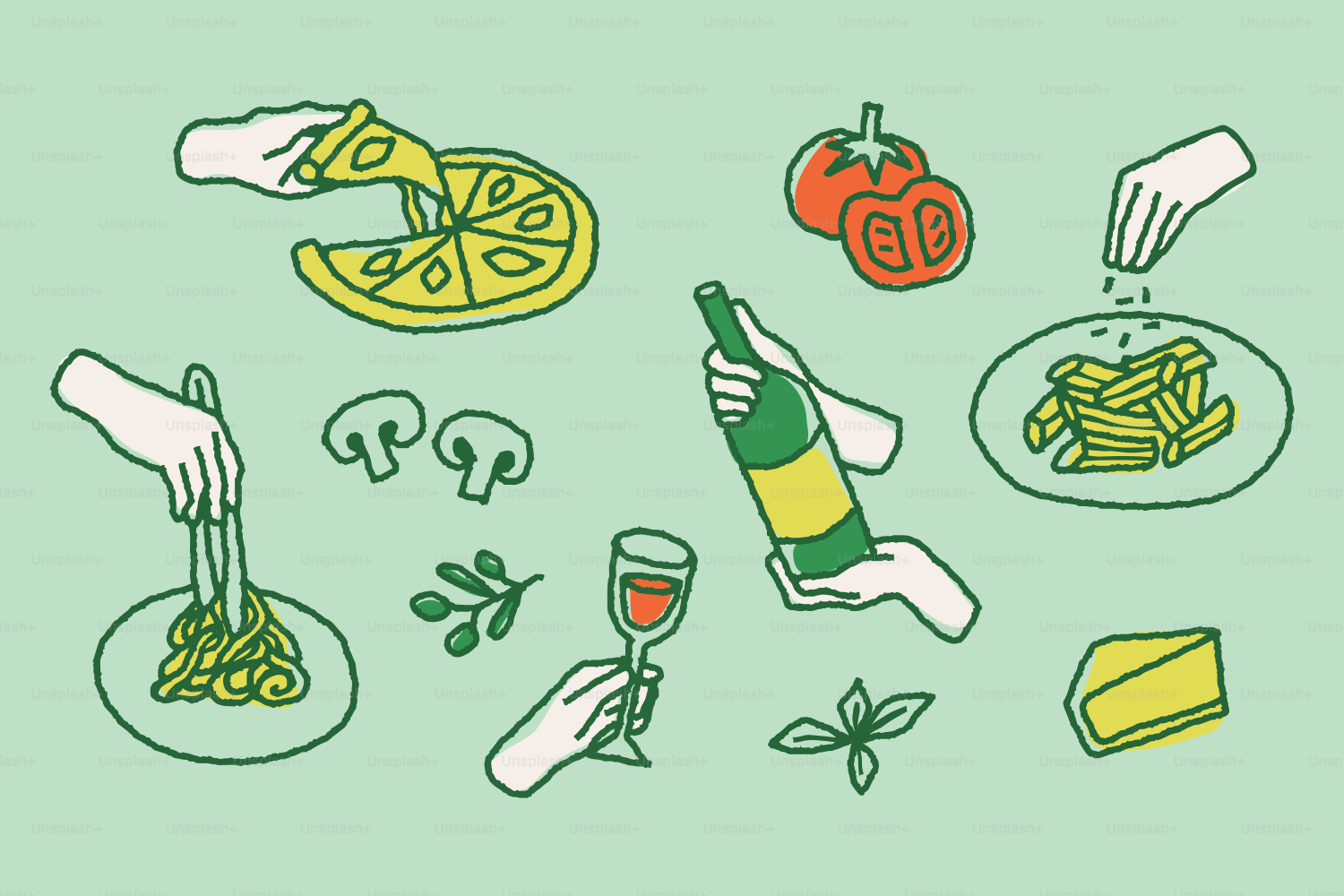 Various italian food items illustrated on a green background.