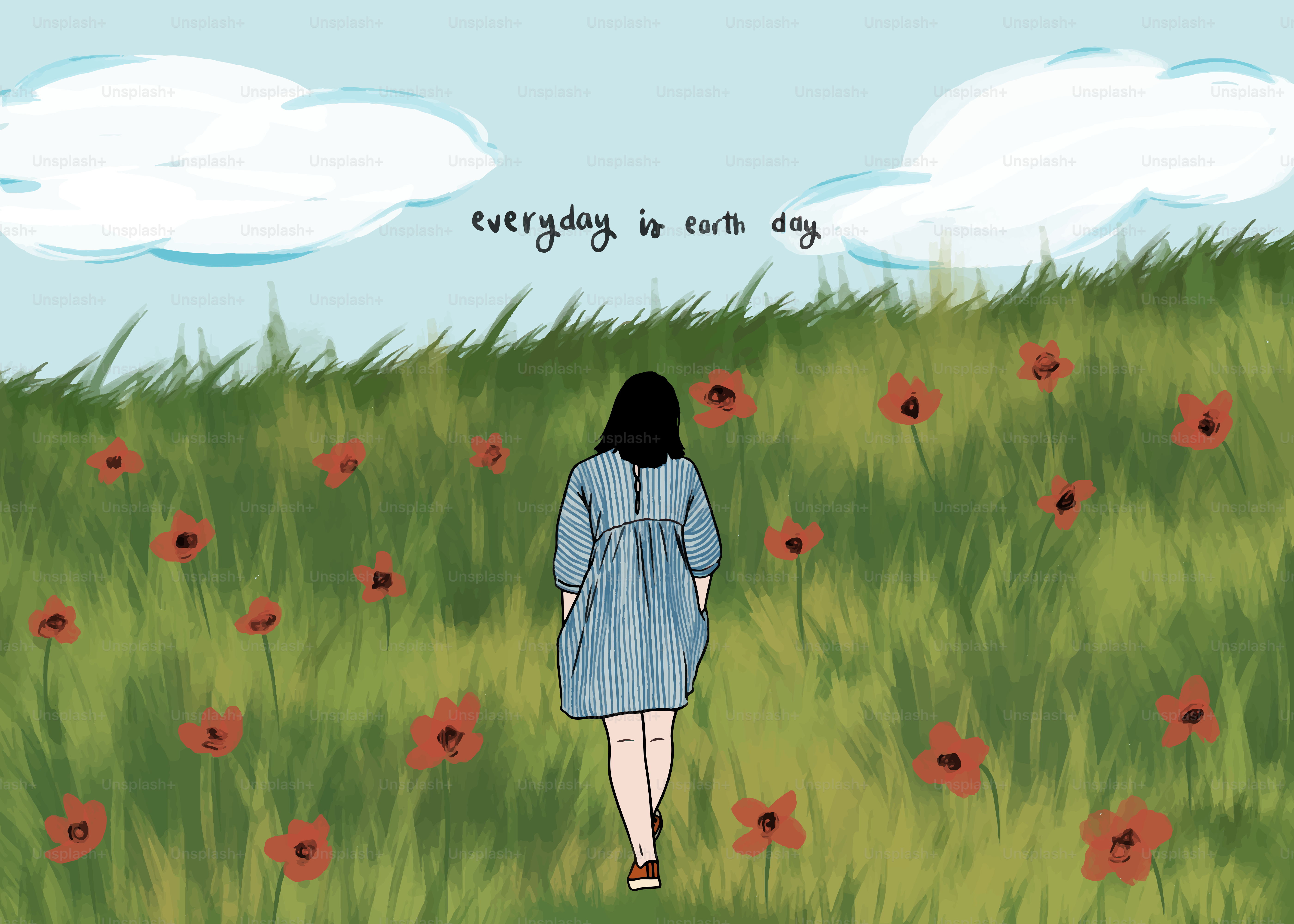 A woman walks through a field of flowers.