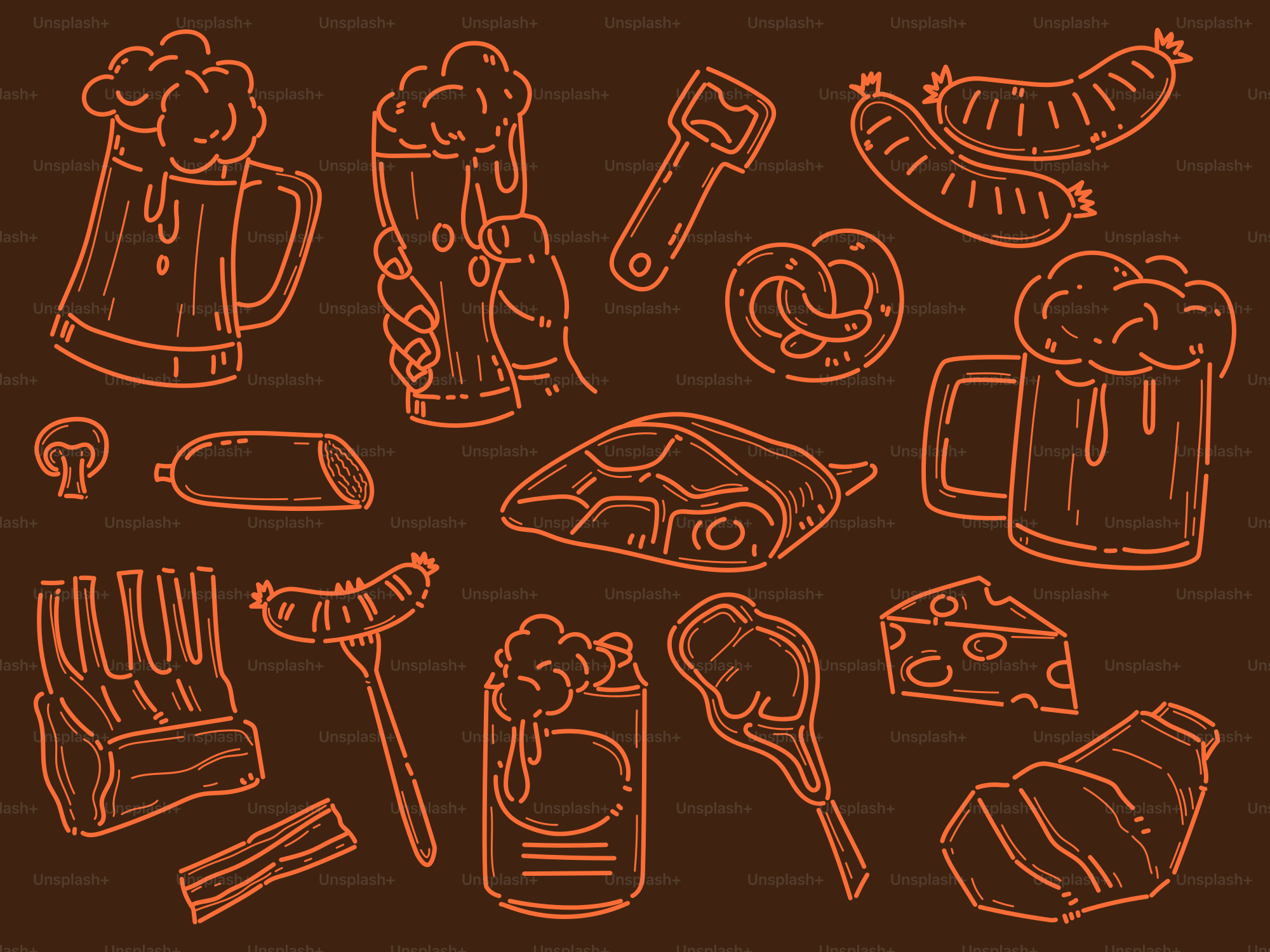 Beer, sausages, pretzels, and other festive foods.