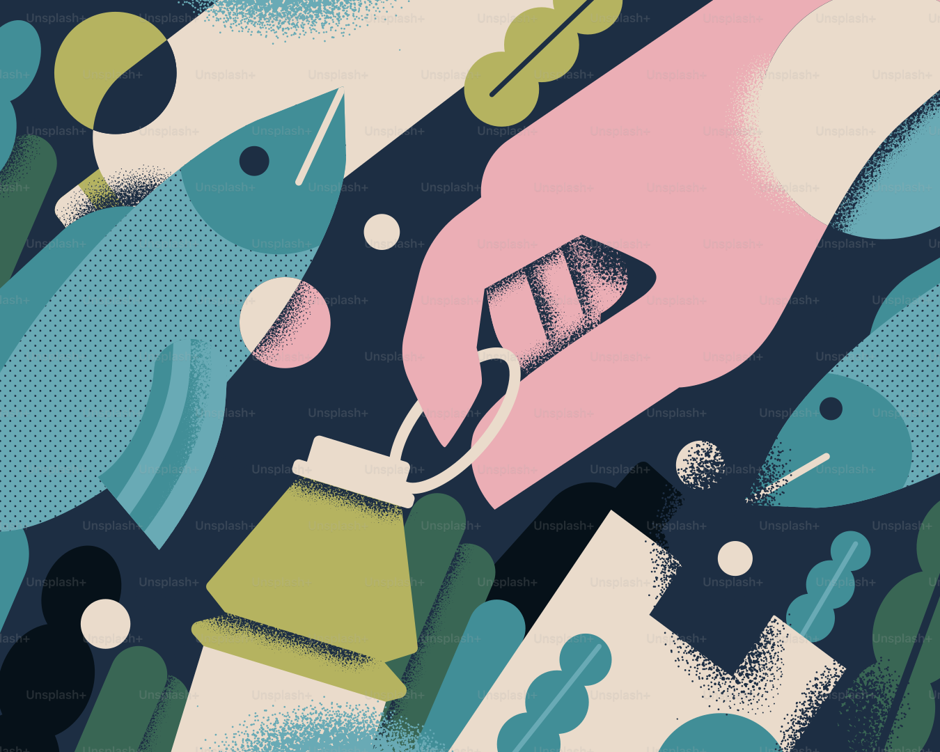 Hand and fish interacting with an object.