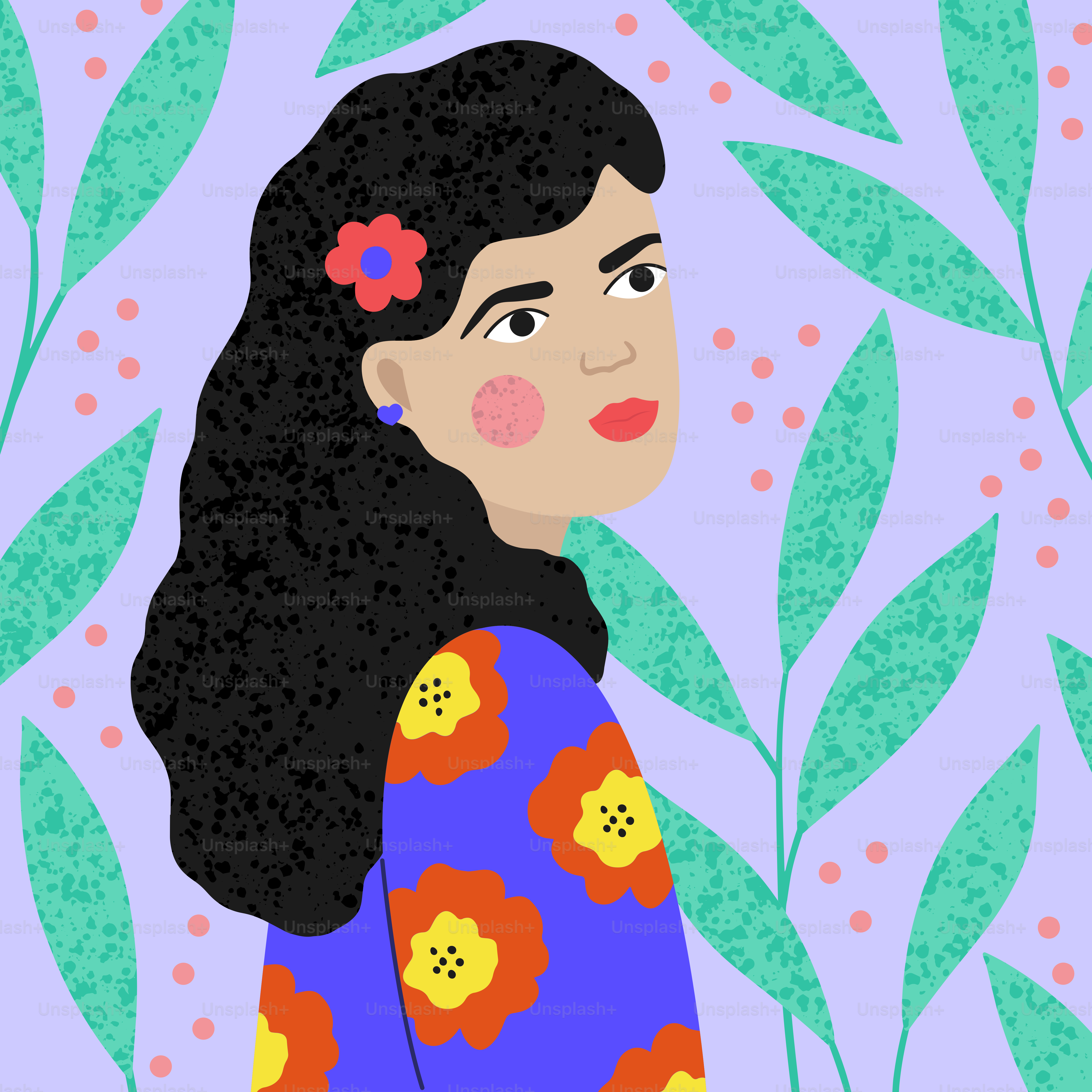 Beautiful woman with flowers in her hair and shirt.