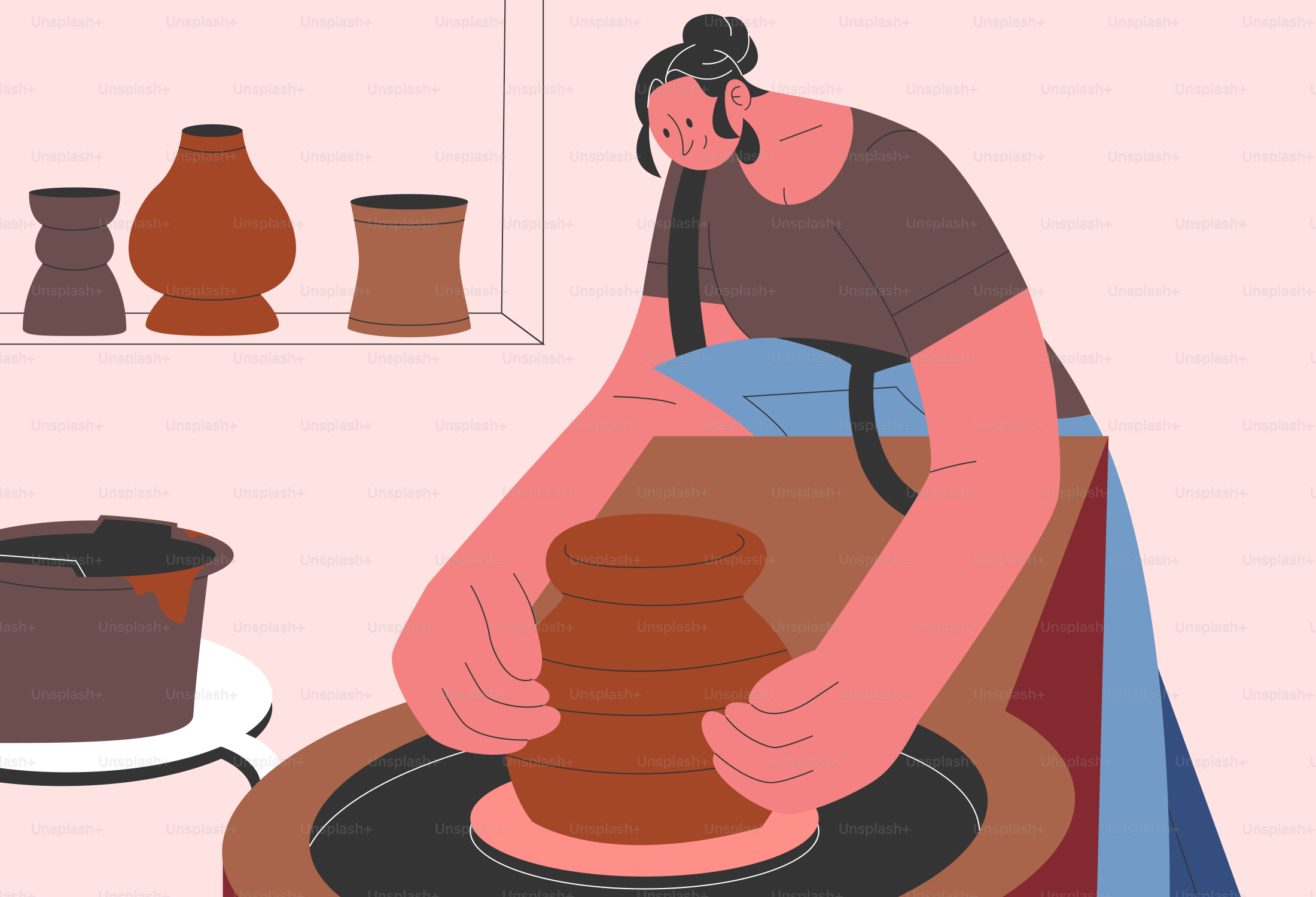 Woman is working on a pottery wheel.