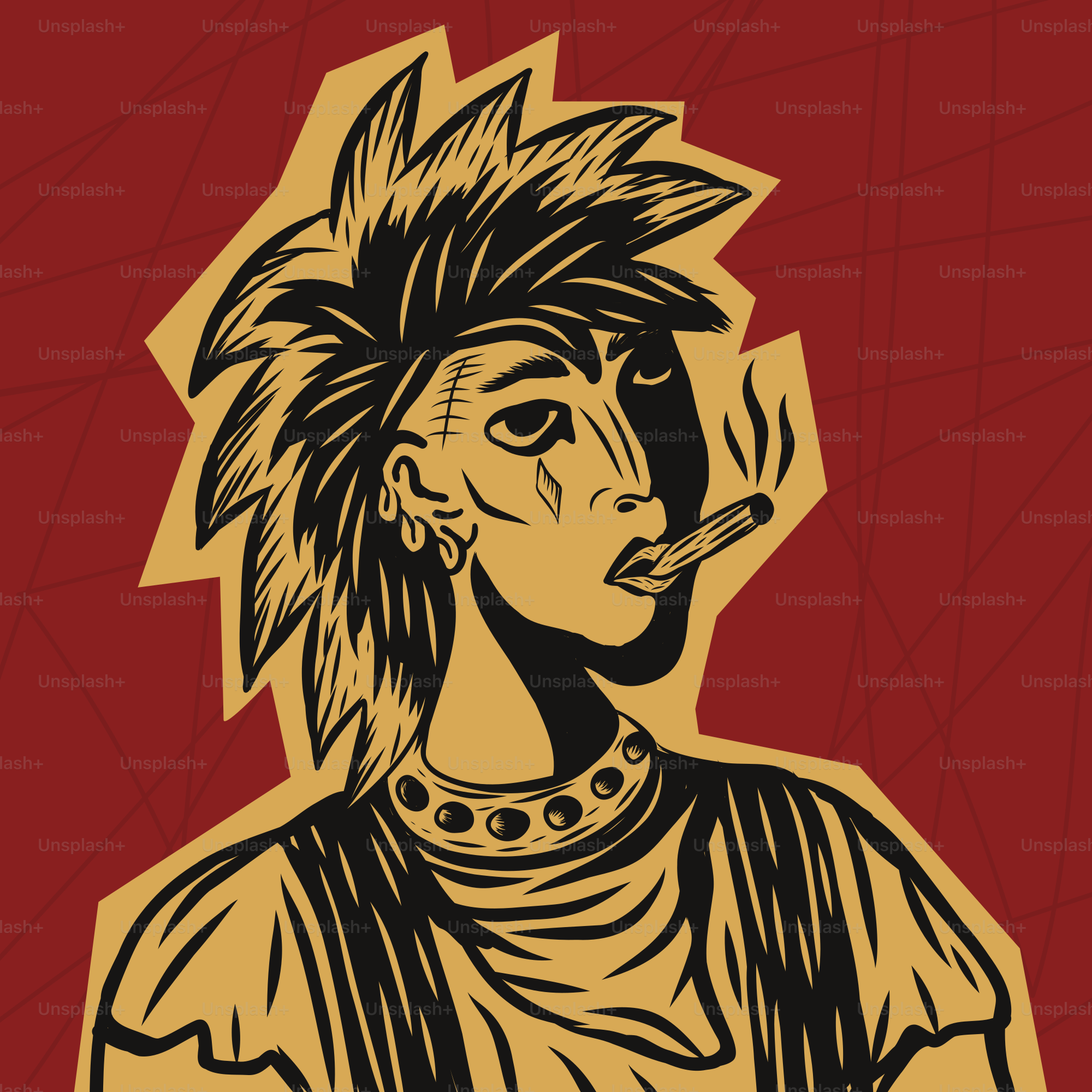 Una mujer punk fuma un cigarrillo.