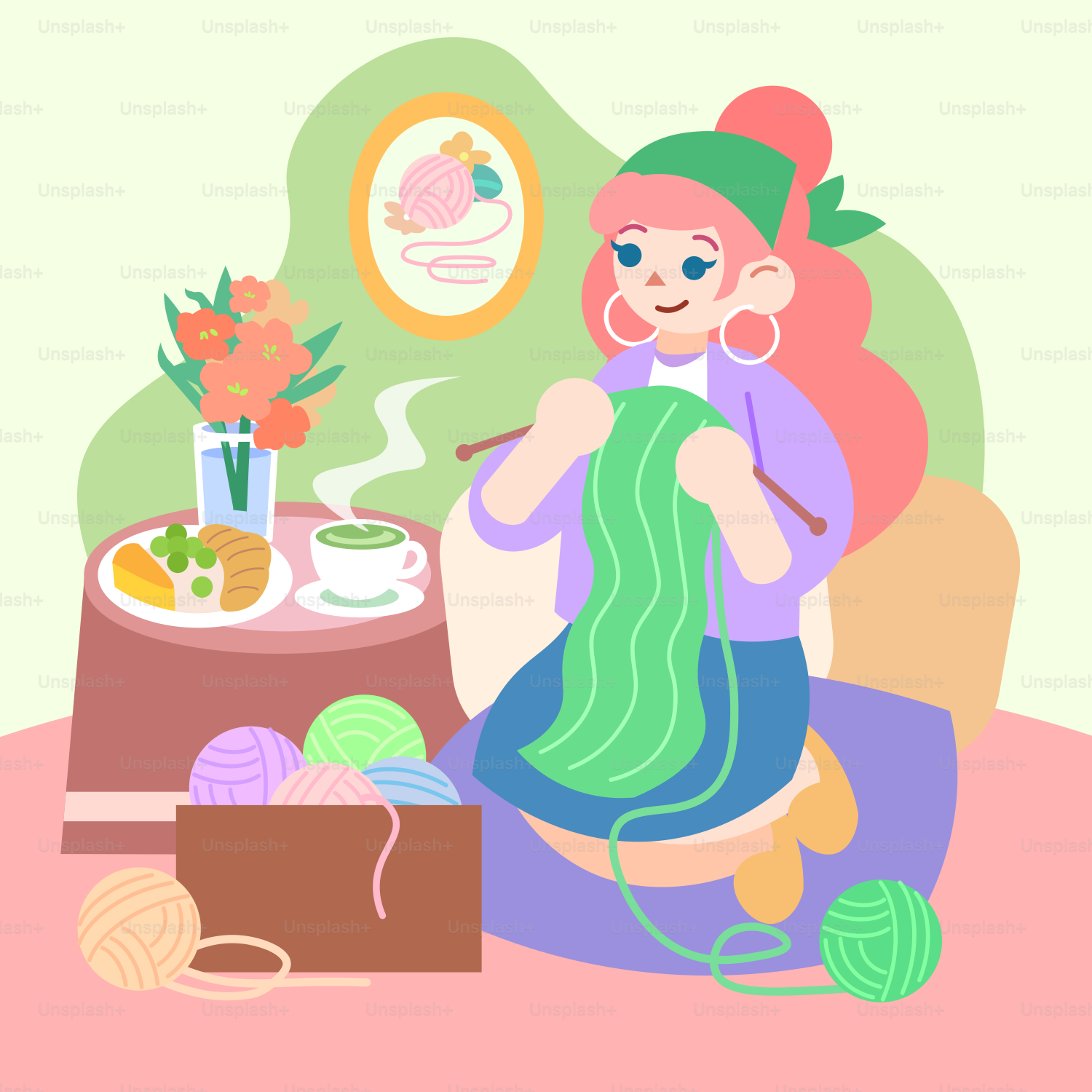 Une femme aime tricoter avec du thé.