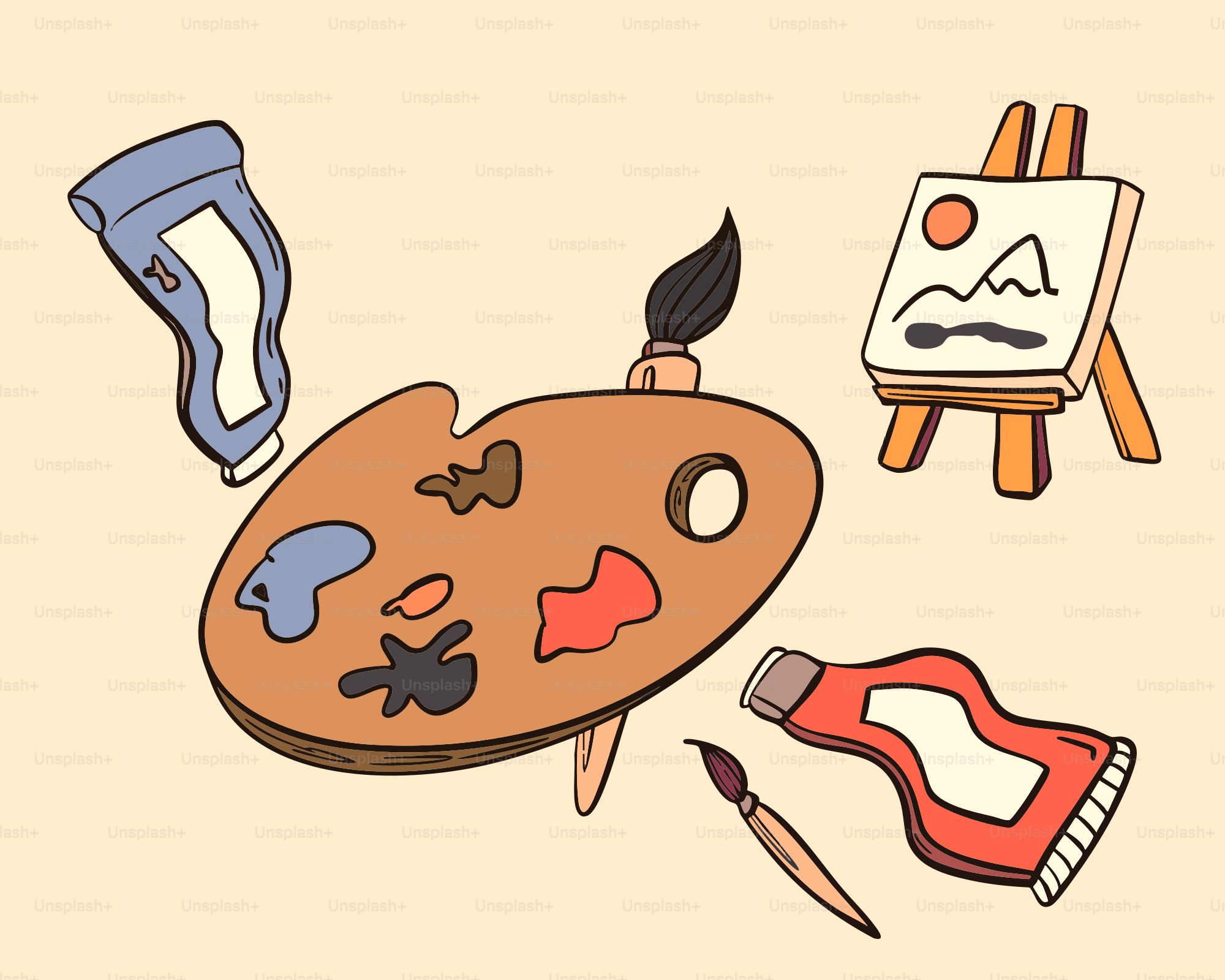 Art supplies and a mini painting on display.