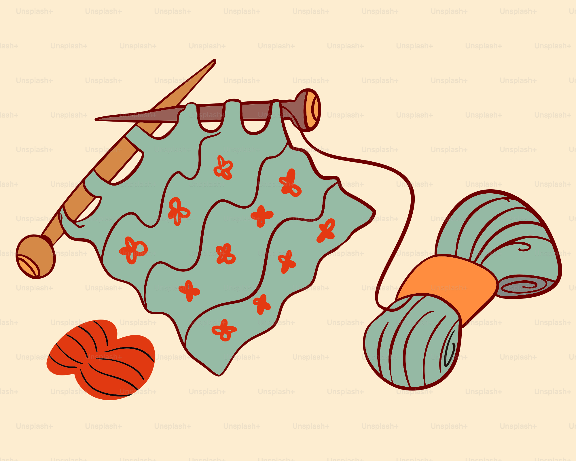 Knitting needles with yarn and unfinished project.