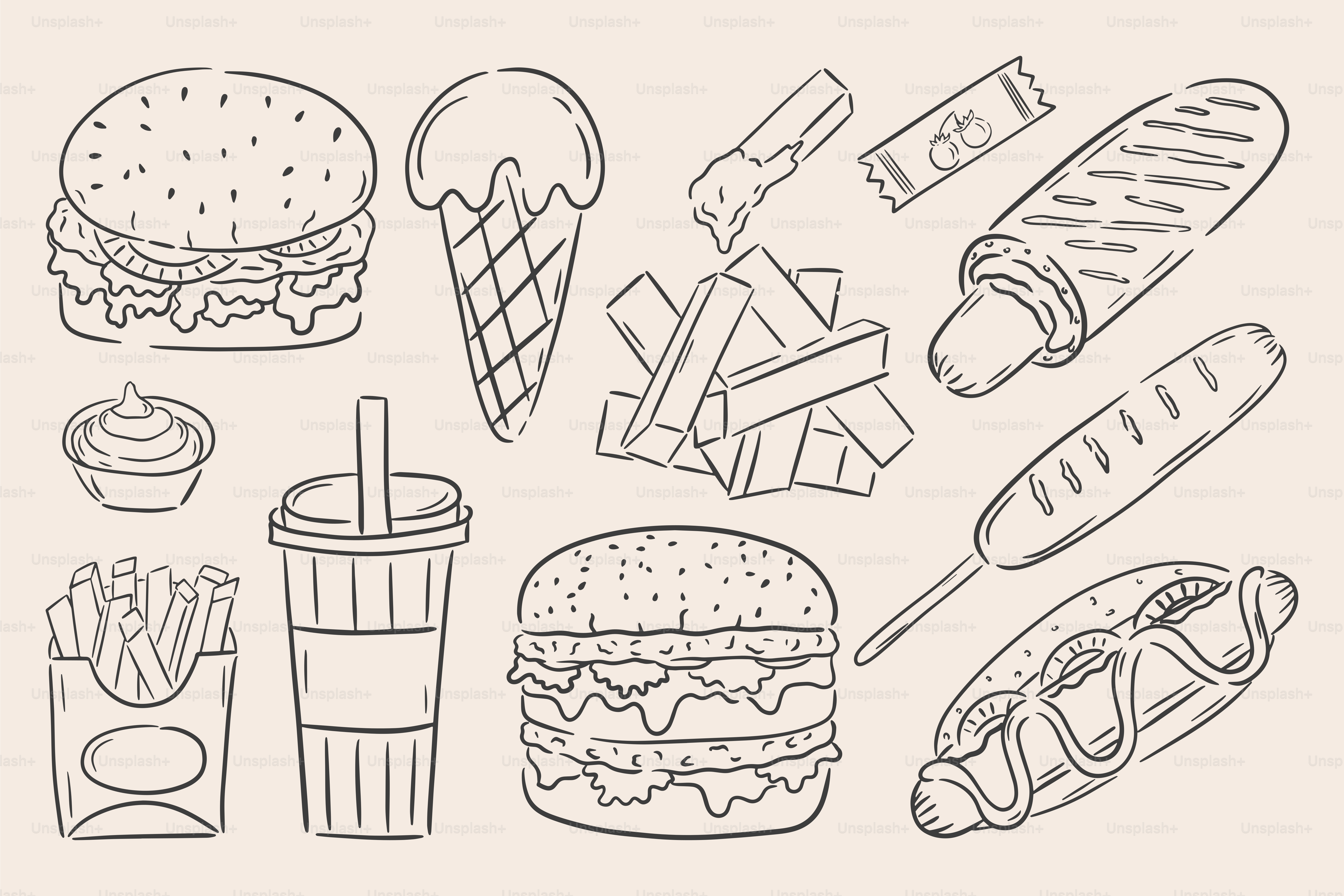 Drawn fast food icons are shown in this illustration. vector – Food Image  on Unsplash, image size:3000x2000