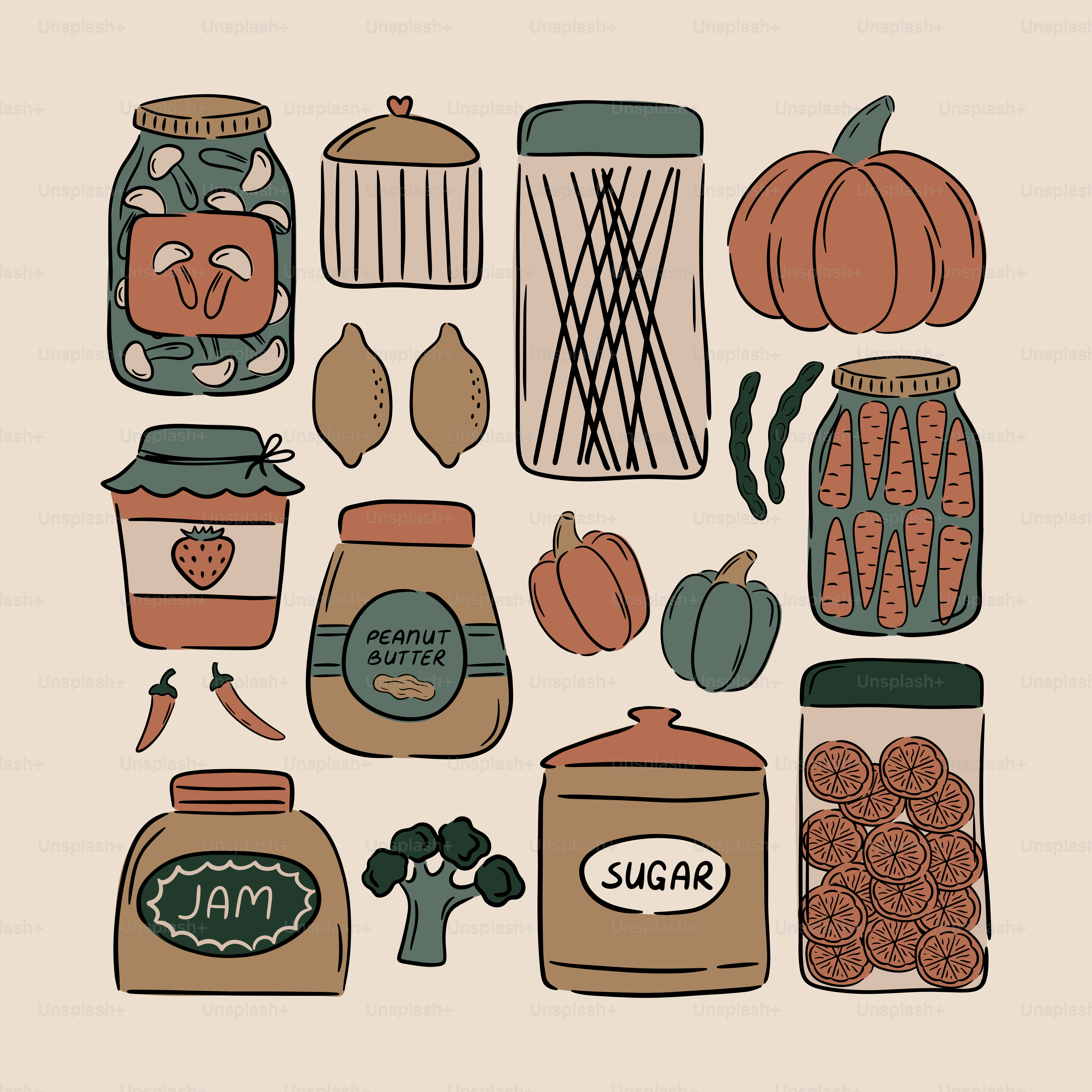 Tarros con comida e ingredientes están organizados en una exposición.