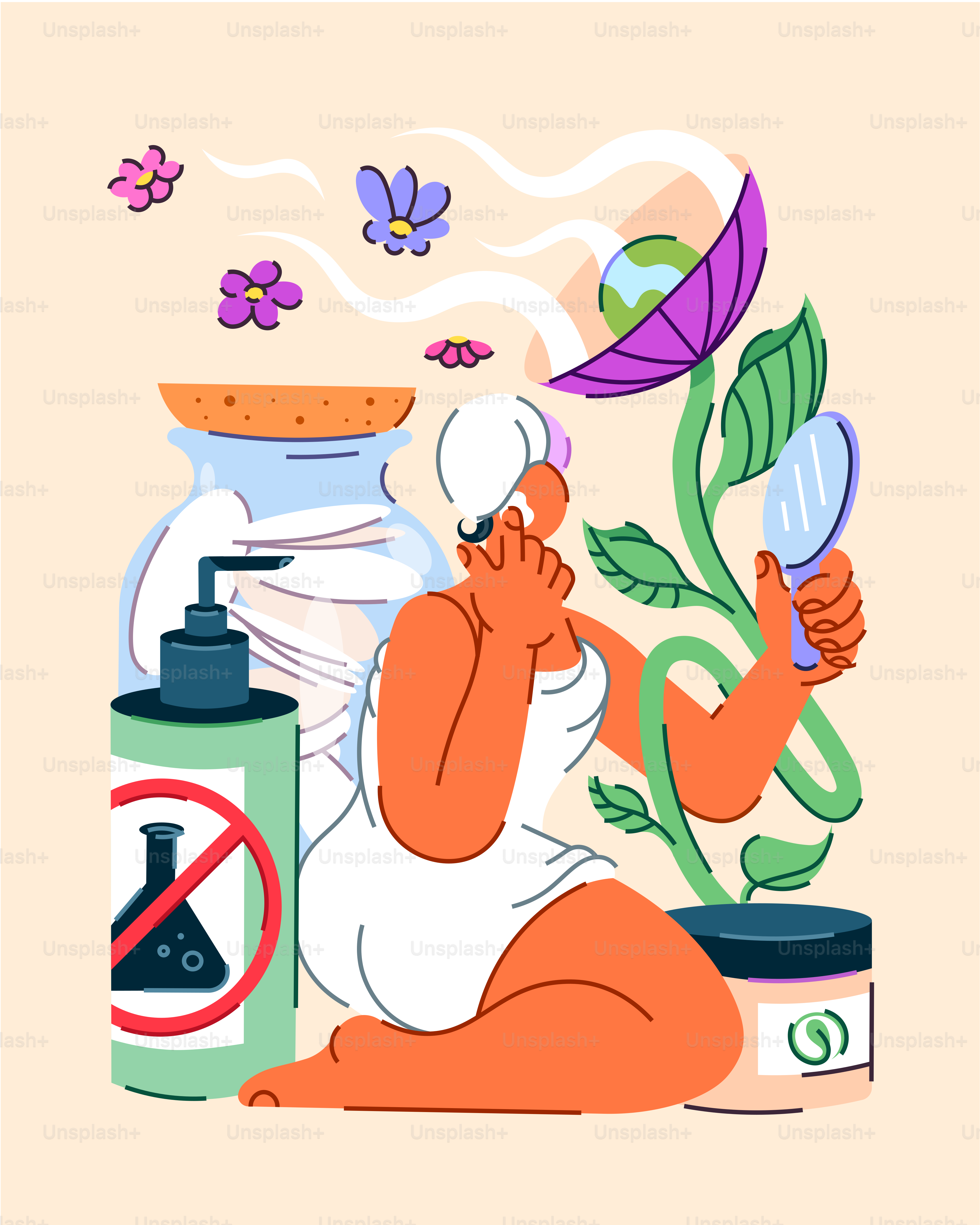Woman uses natural beauty products with flowers.
