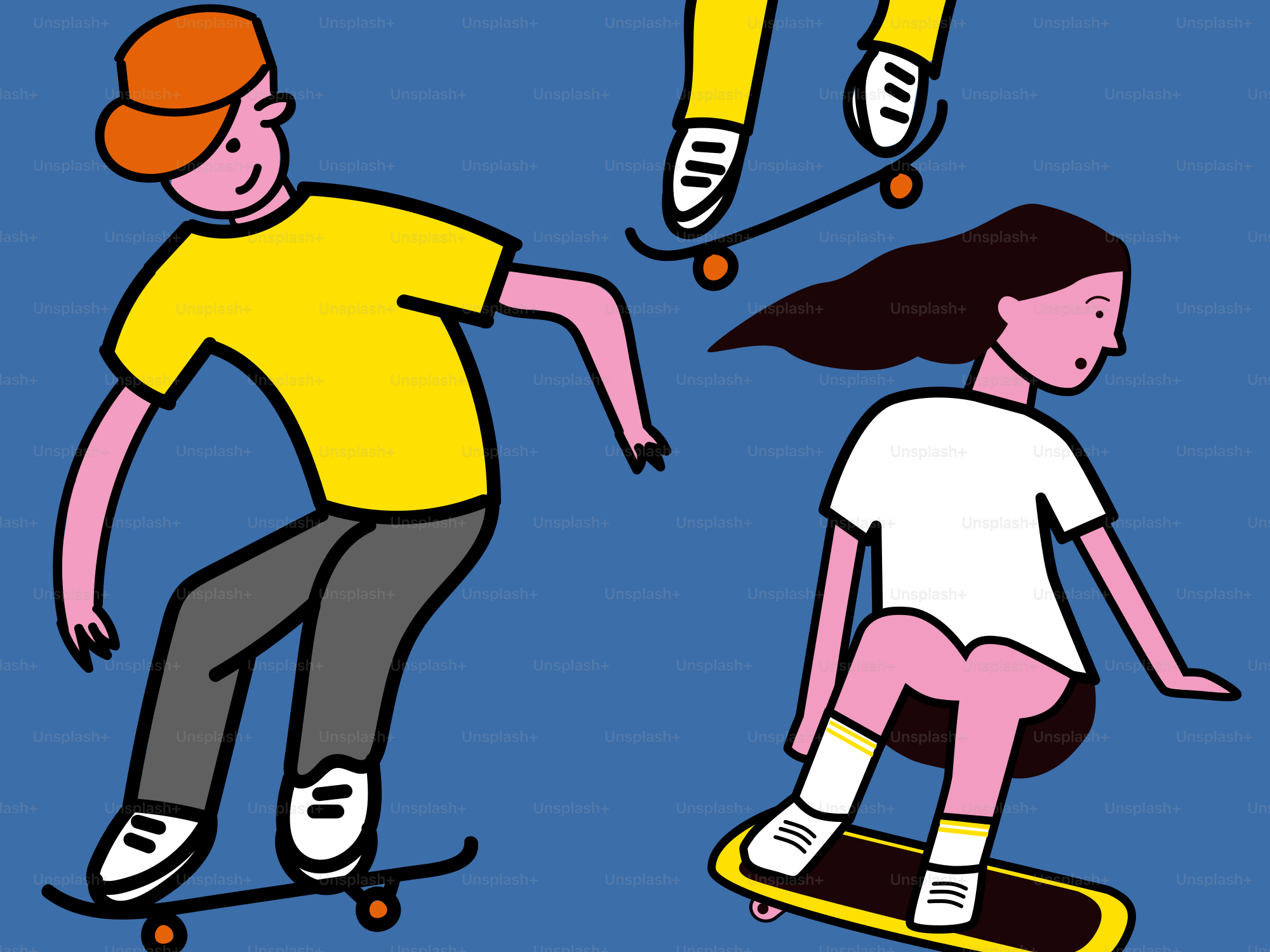 People are skateboarding with bright outfits.