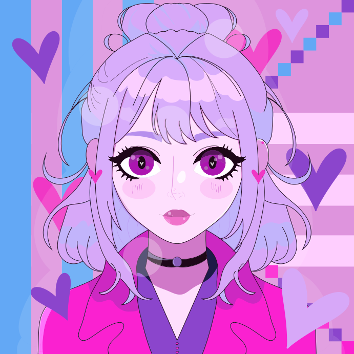 Fille style anime entourée de cœurs et de couleurs.