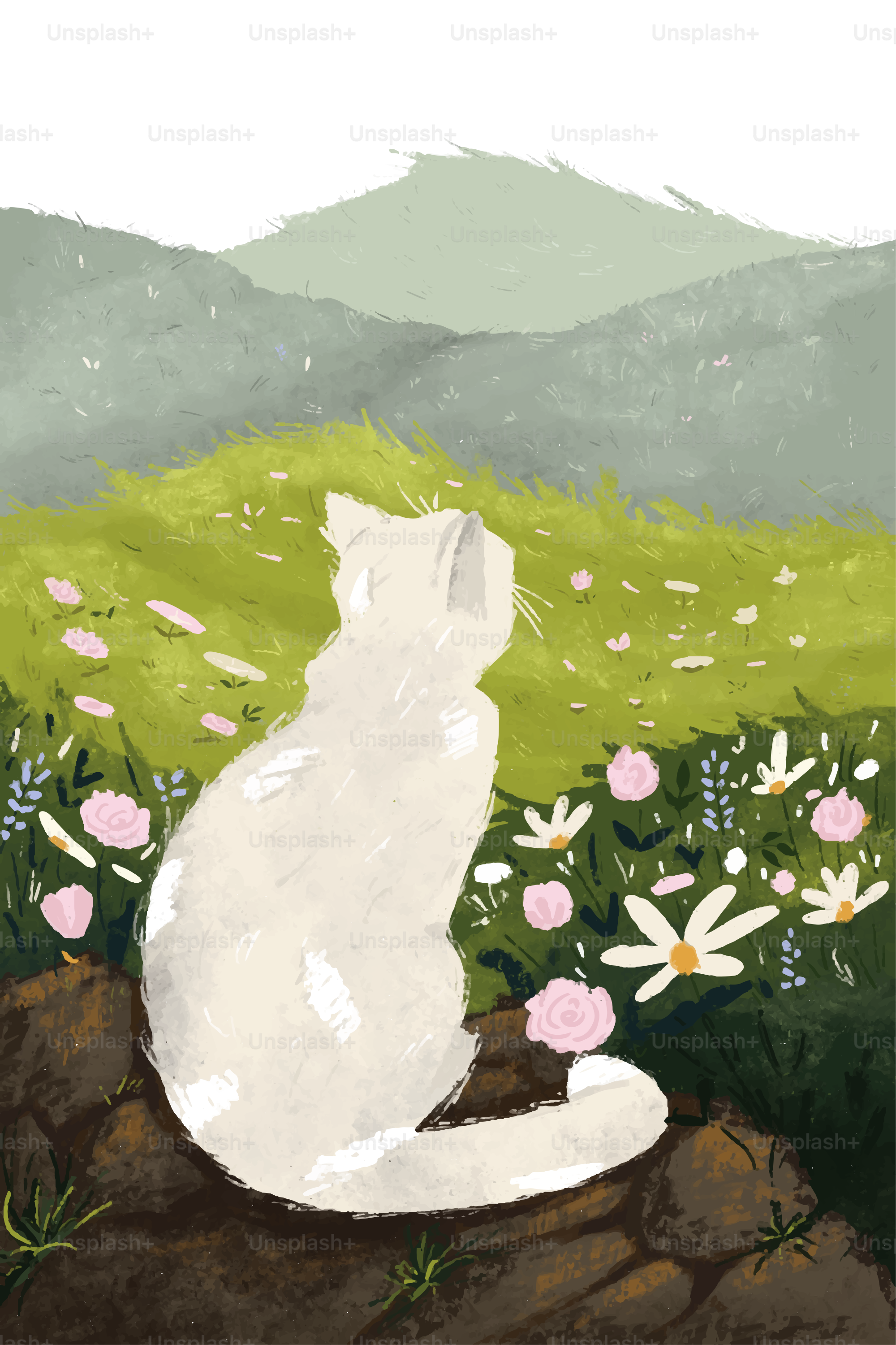 A white cat gazes at the landscape.