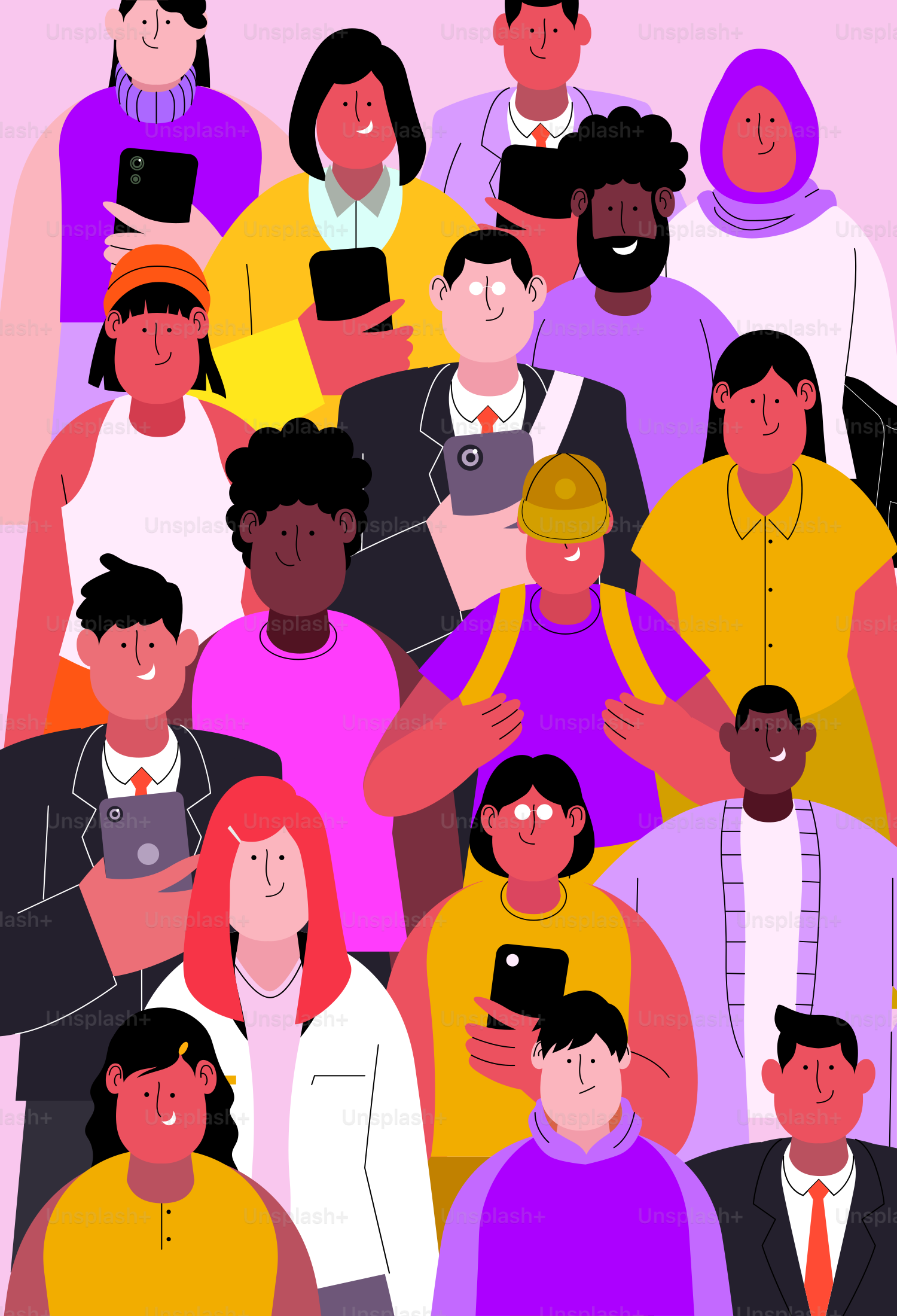 Diverse people in a crowd looking at smartphones.