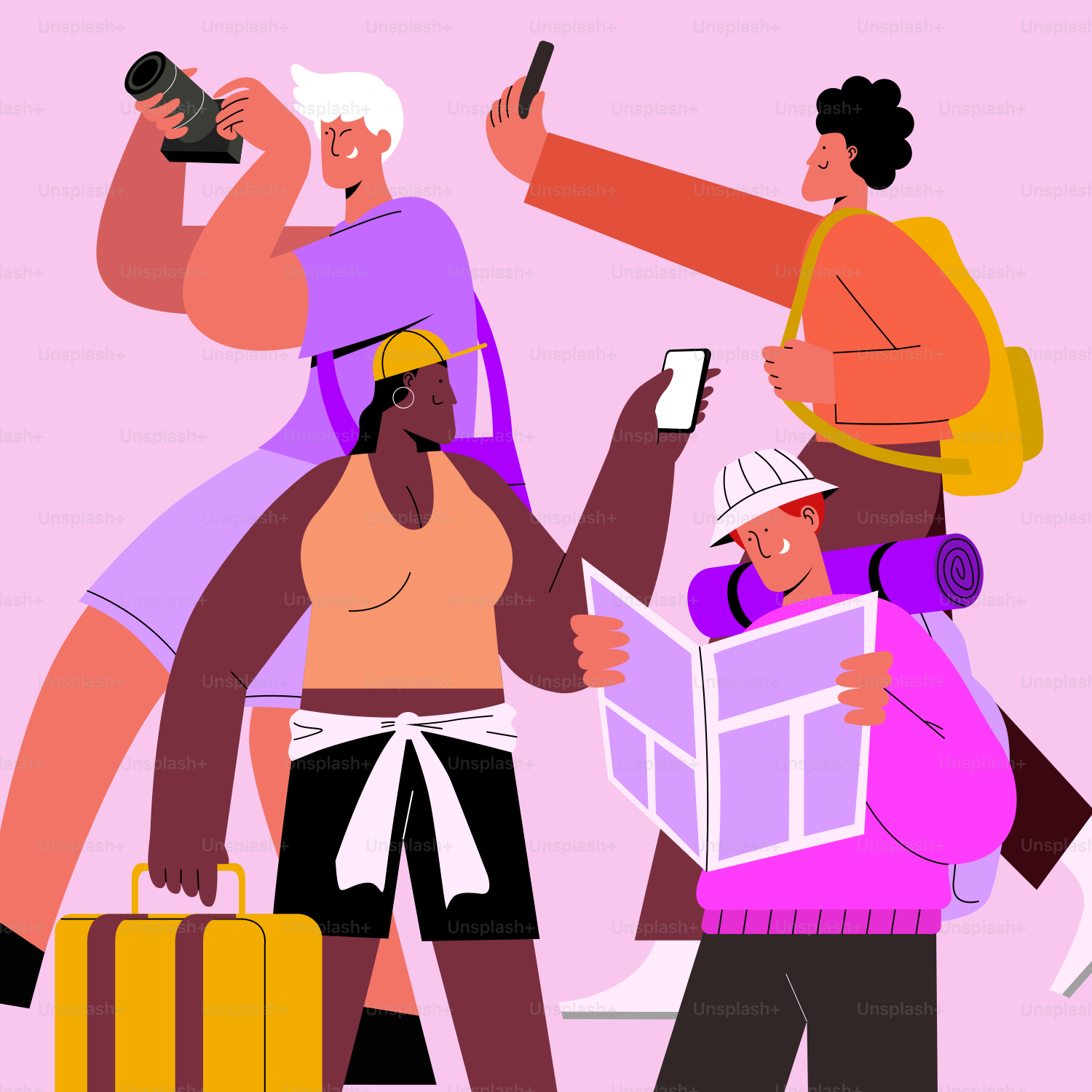 Travelers are documenting their journey with cameras and maps.