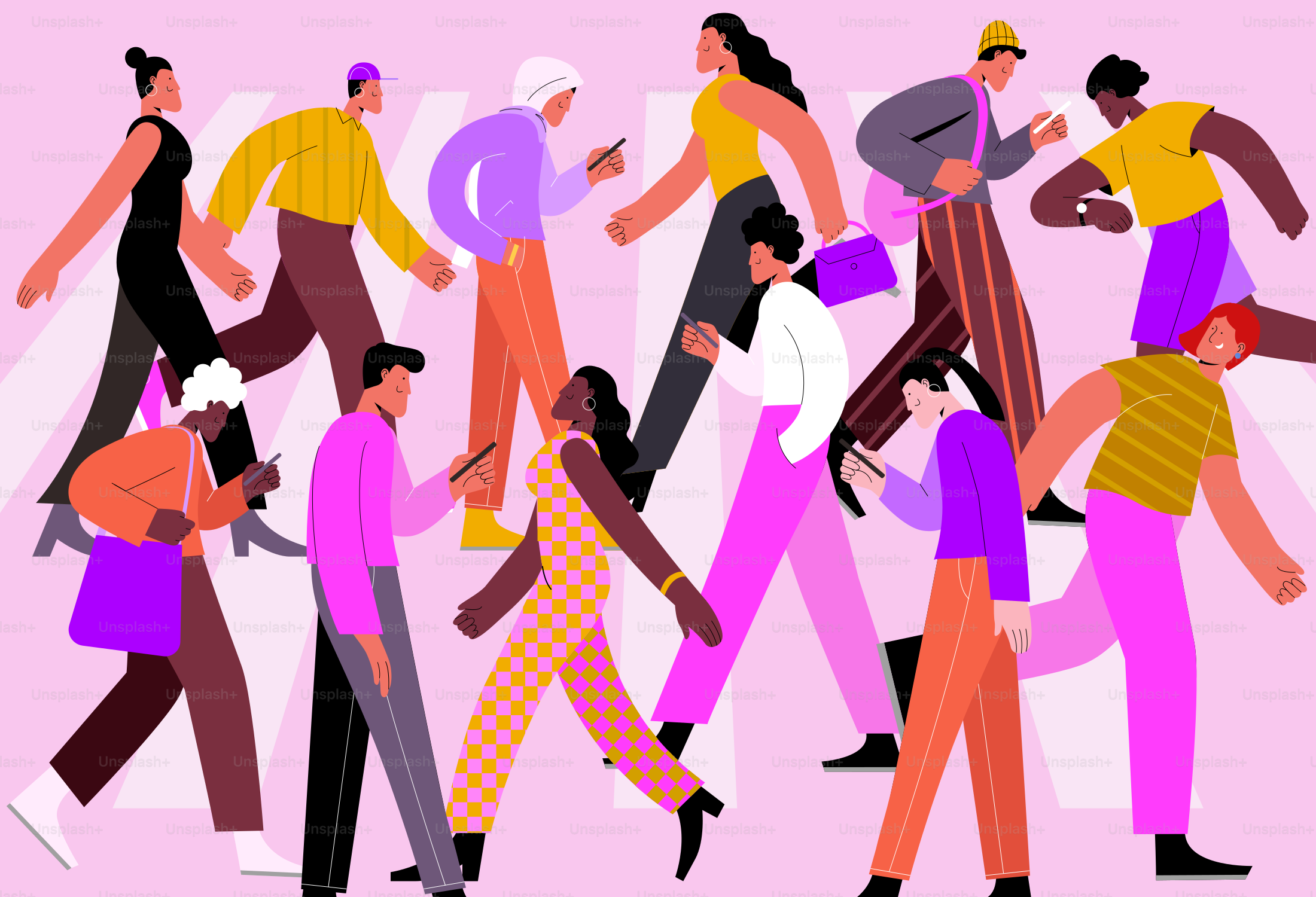 People are walking in different directions on a crosswalk.