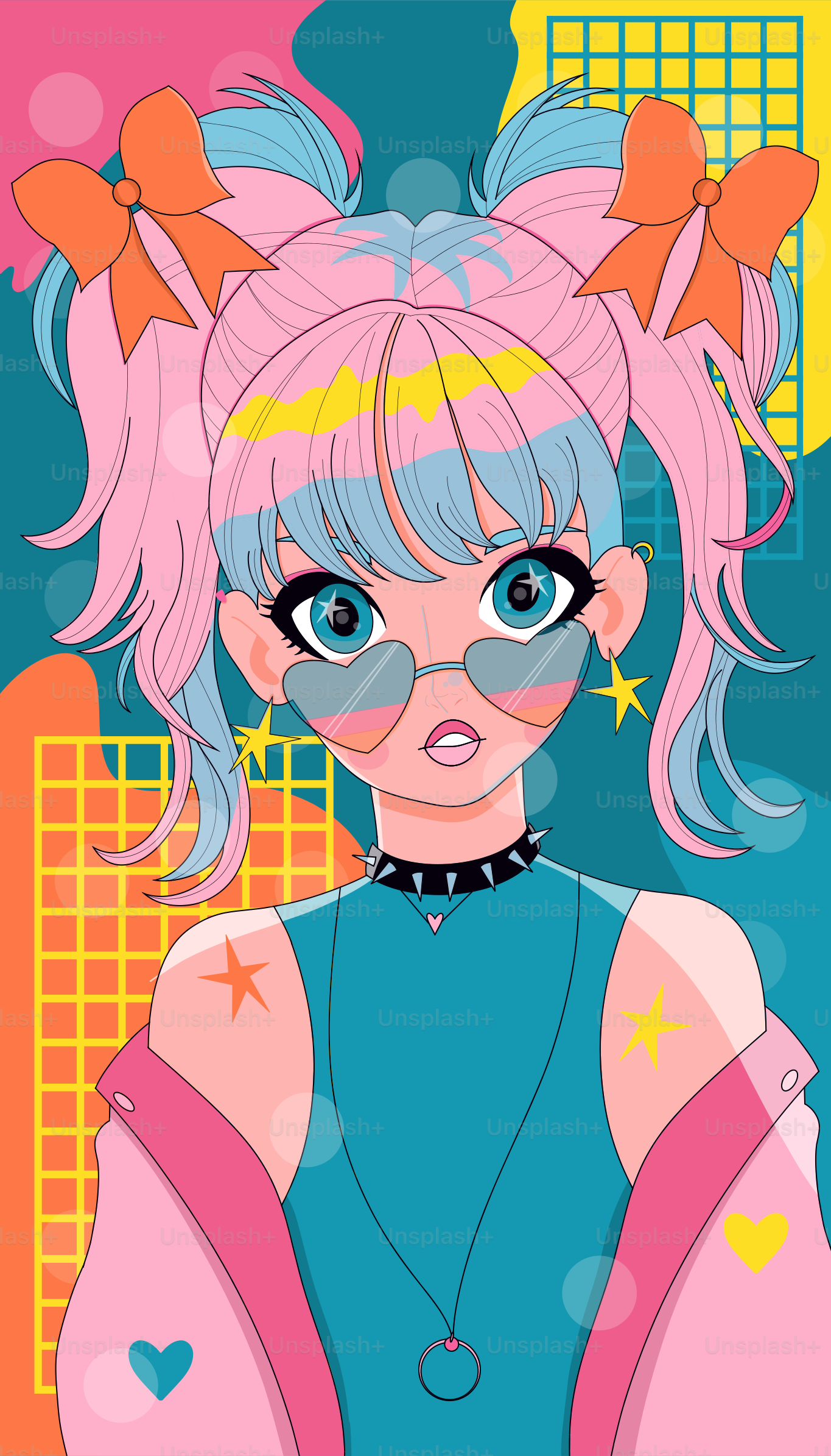 Süßes Anime-Mädchen mit pinken und blauen Haaren.