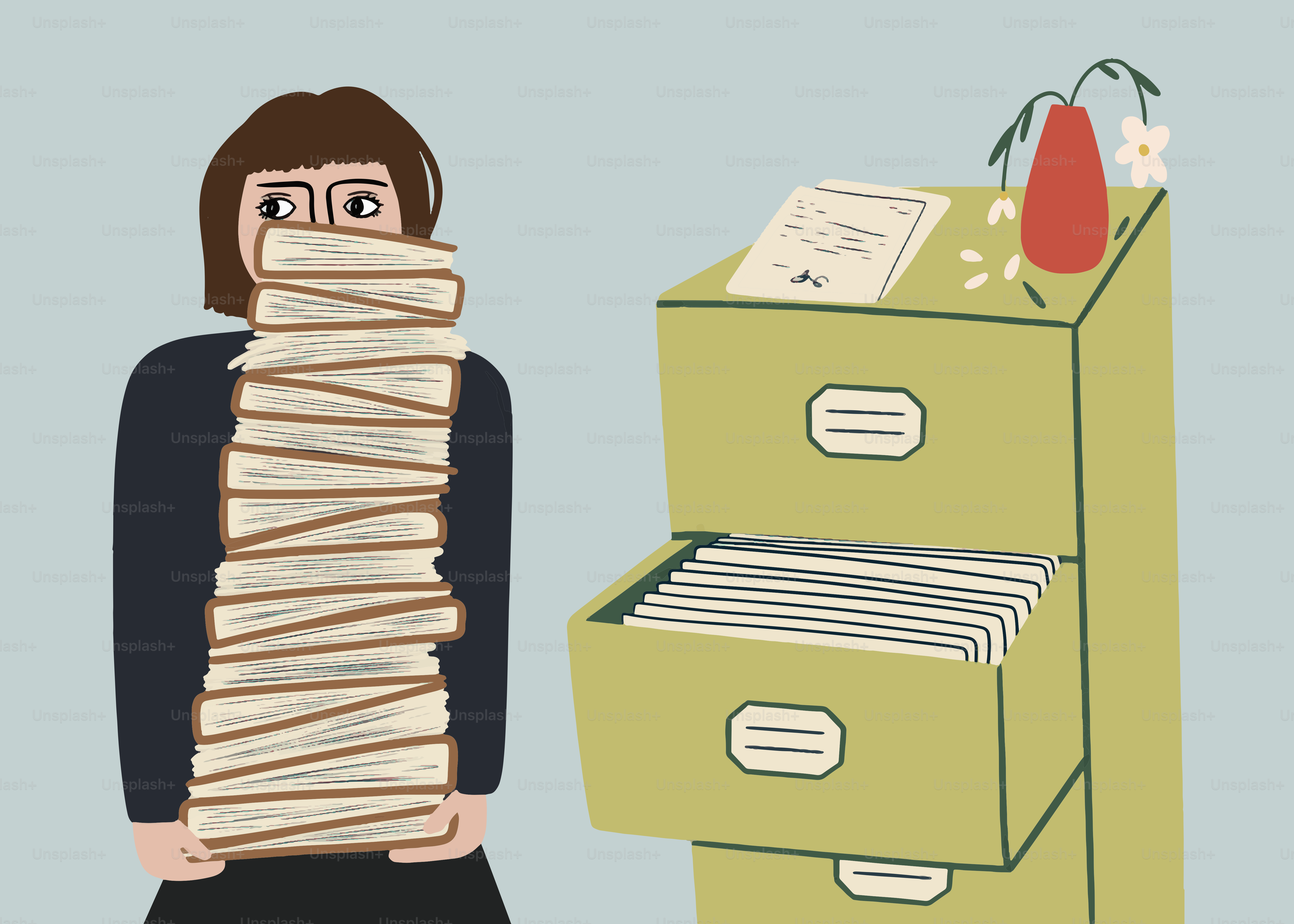 Woman overwhelmed by massive stacks of paperwork.