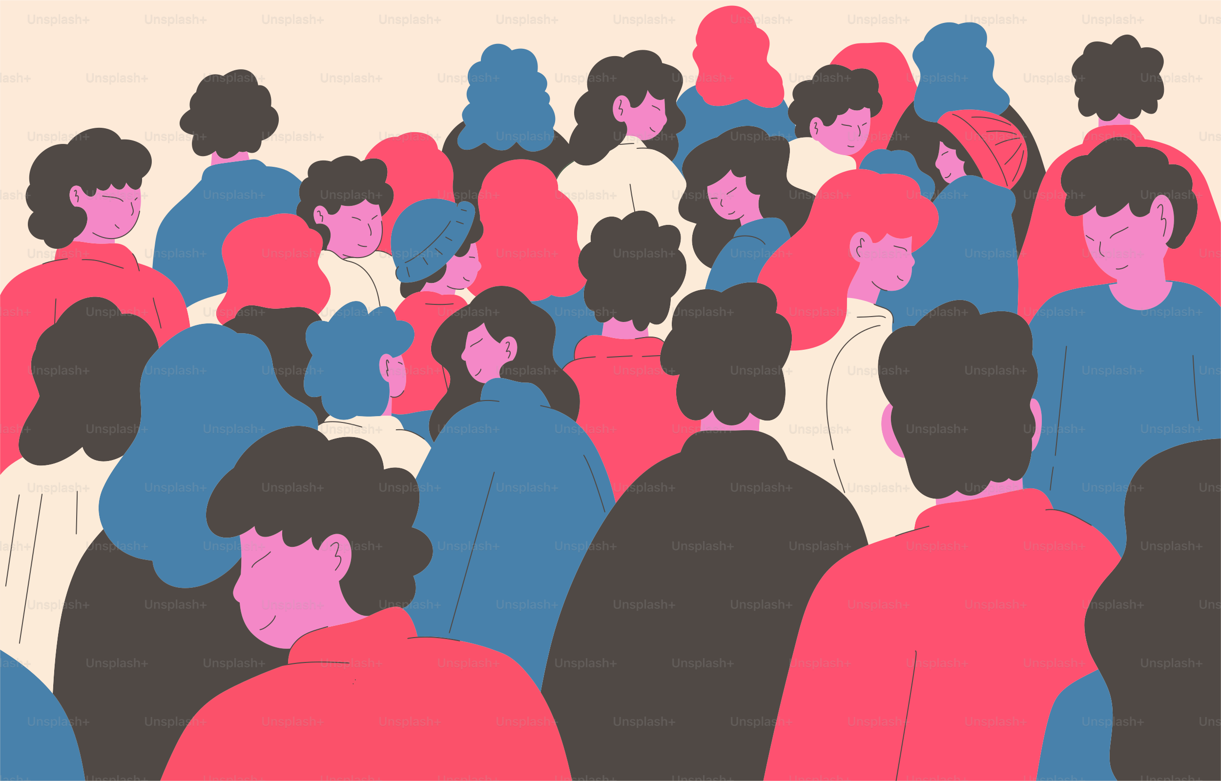 A crowd of colorful people looking downward.