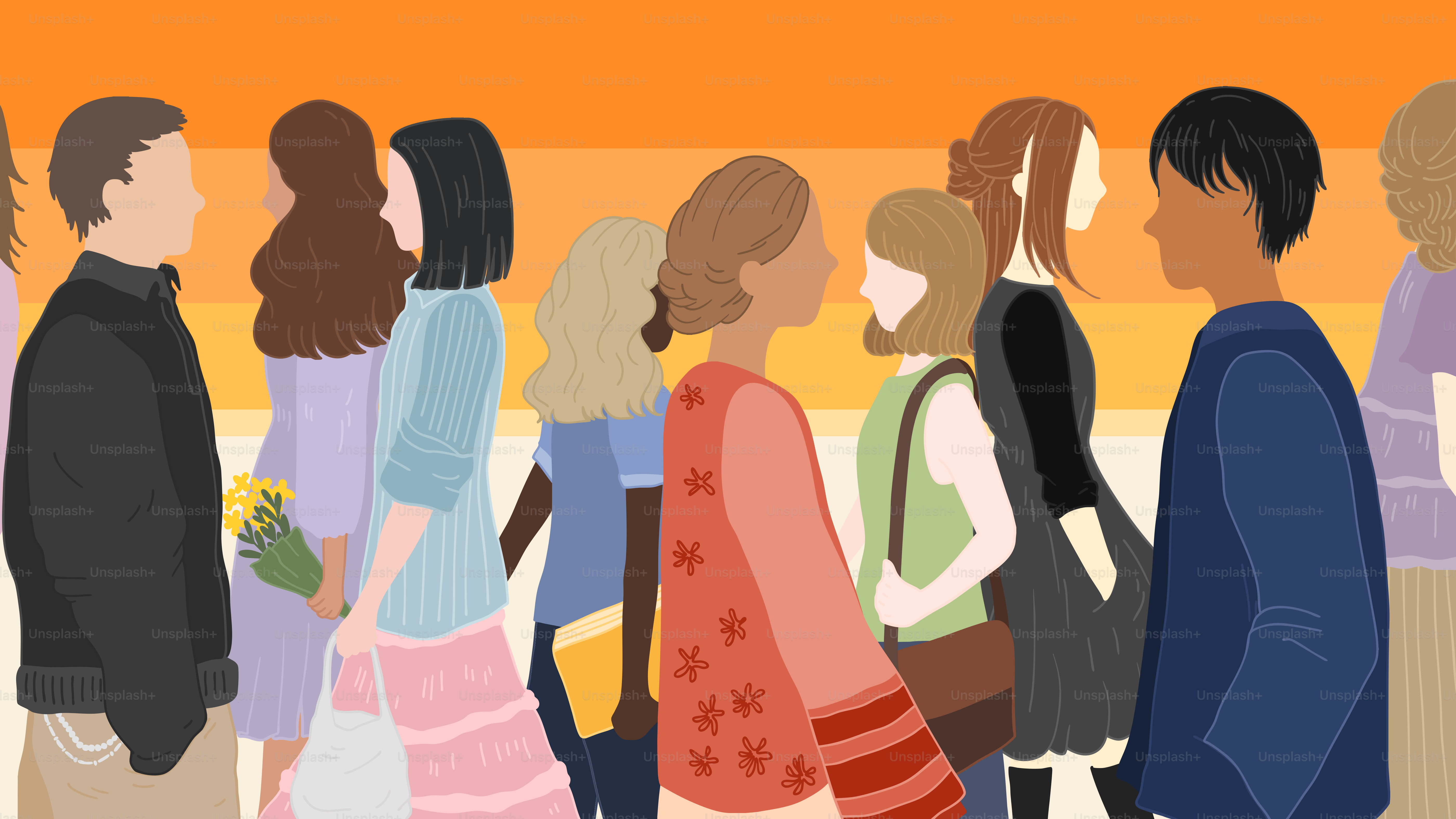 People stand together, side by side, against an orange backdrop.