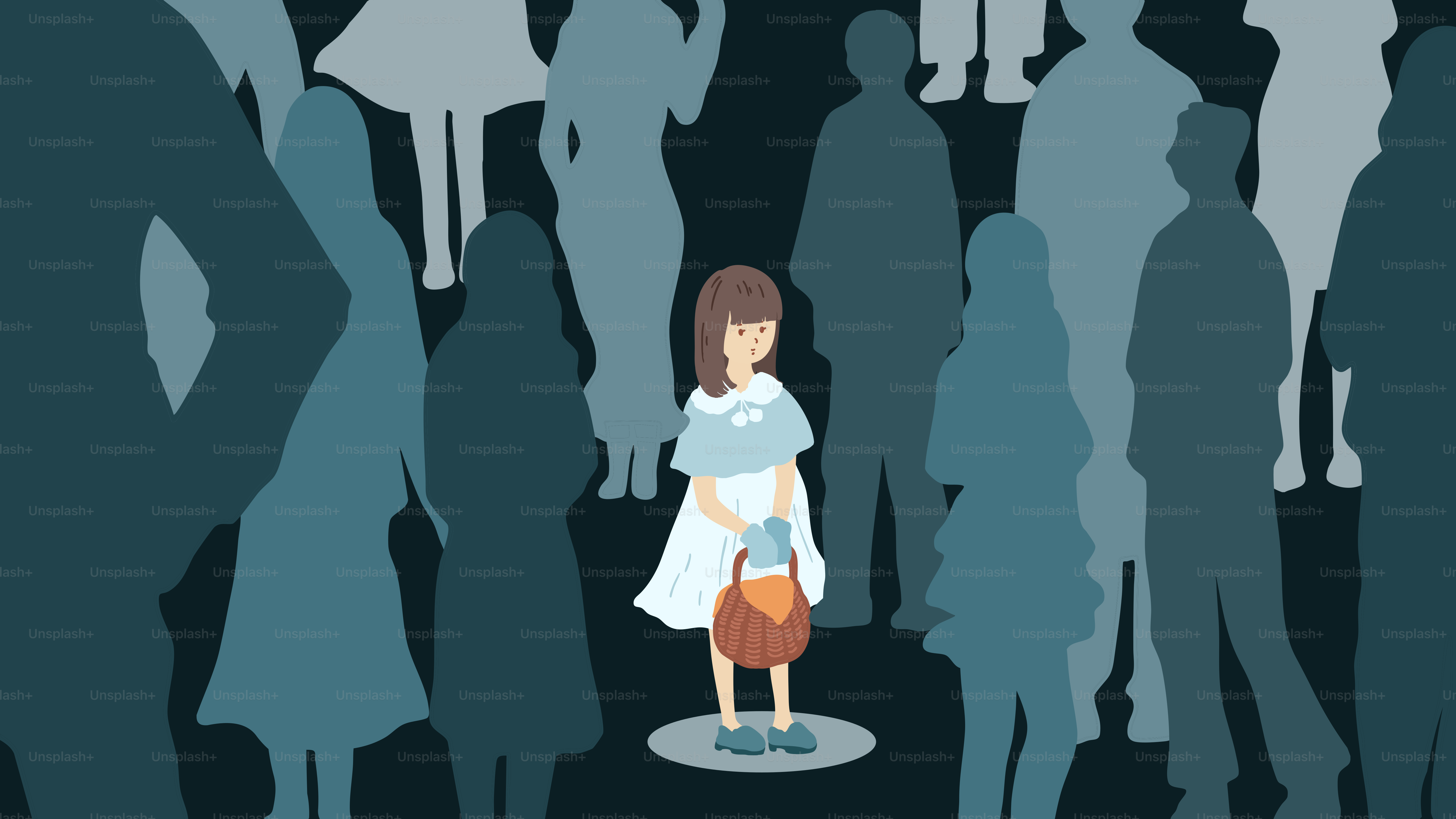 A lonely girl stands amidst a crowd.