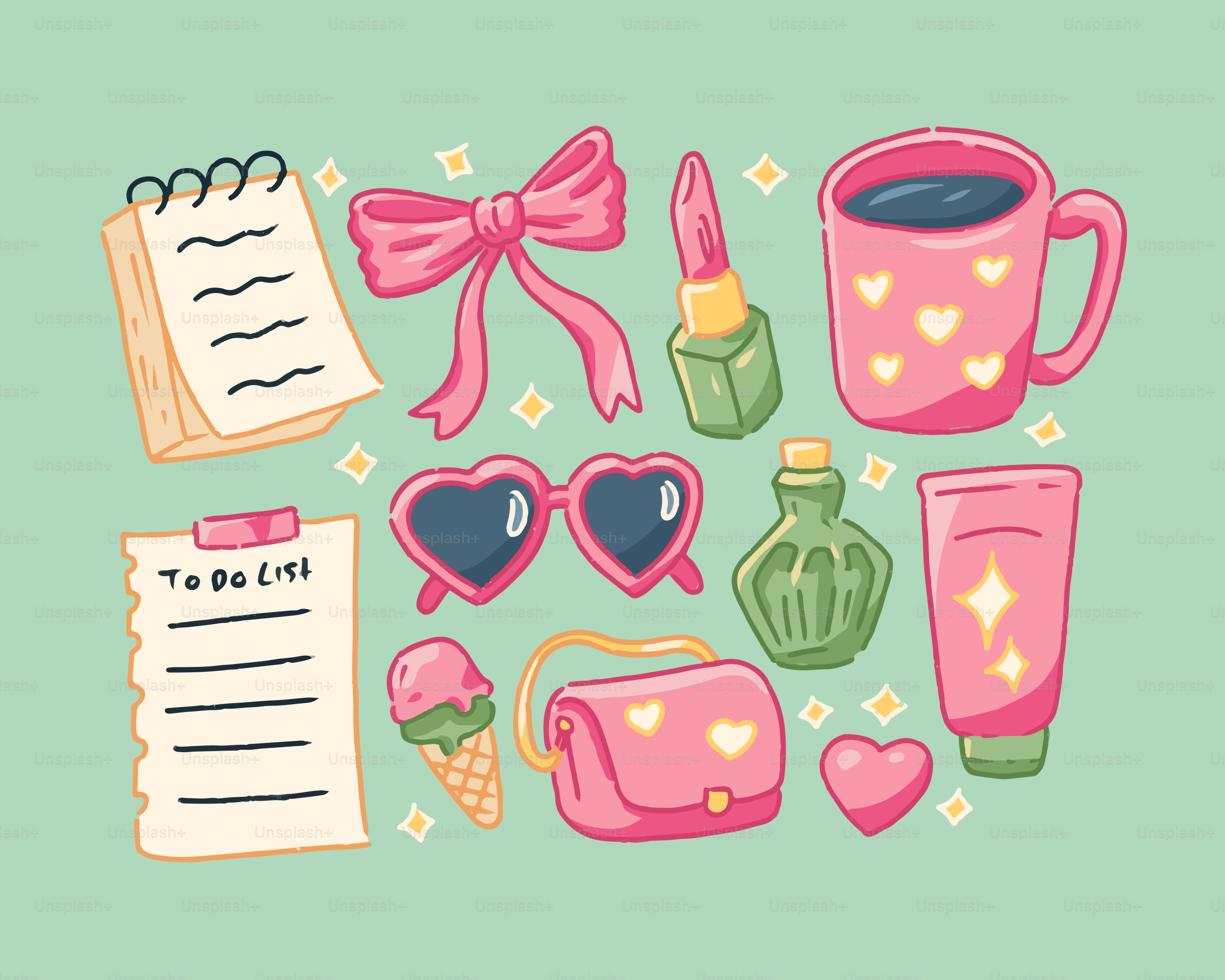 Cute pink accessories and items are in the image.