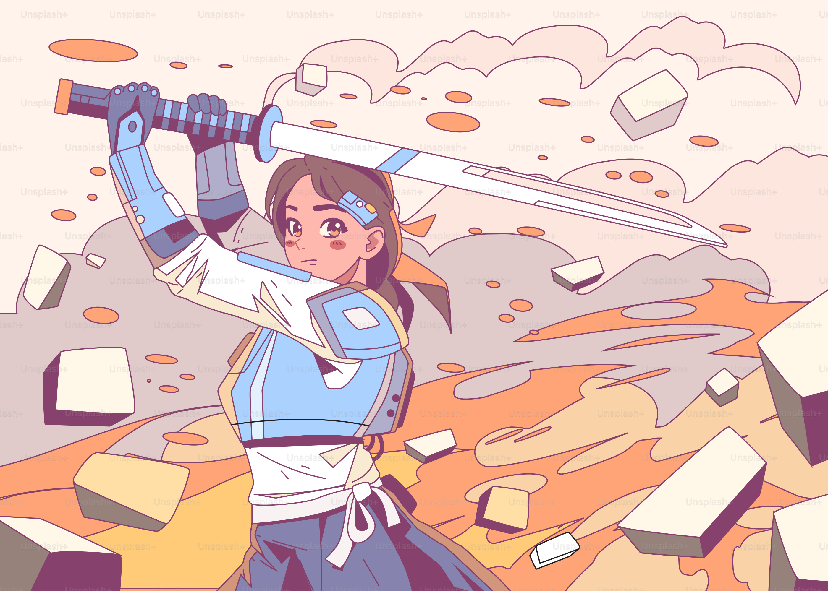 Eine weibliche Kriegerin schwingt im Kampf ihr Schwert.