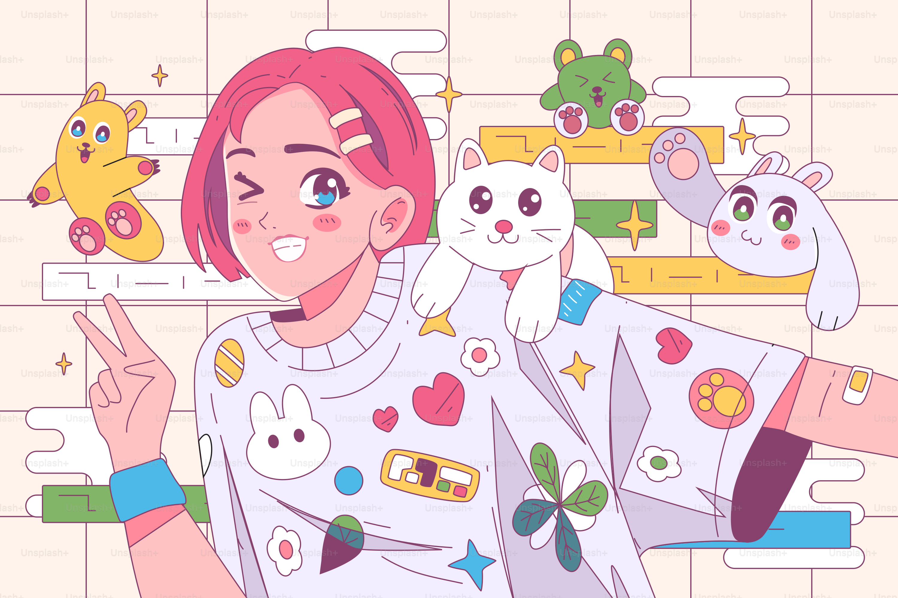 Cute anime girl surrounded by adorable stuffed animals.