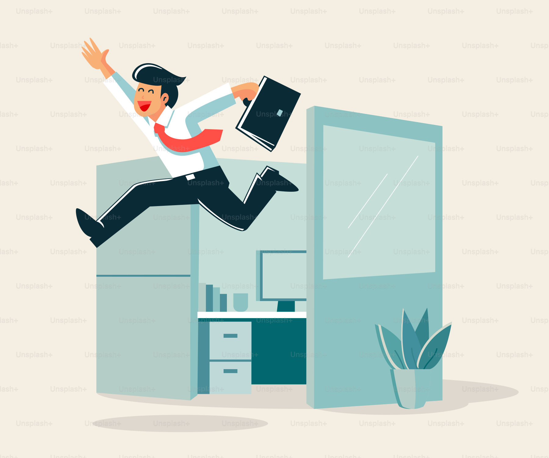 Glücklicher Mann springt aus der Bürokabine!