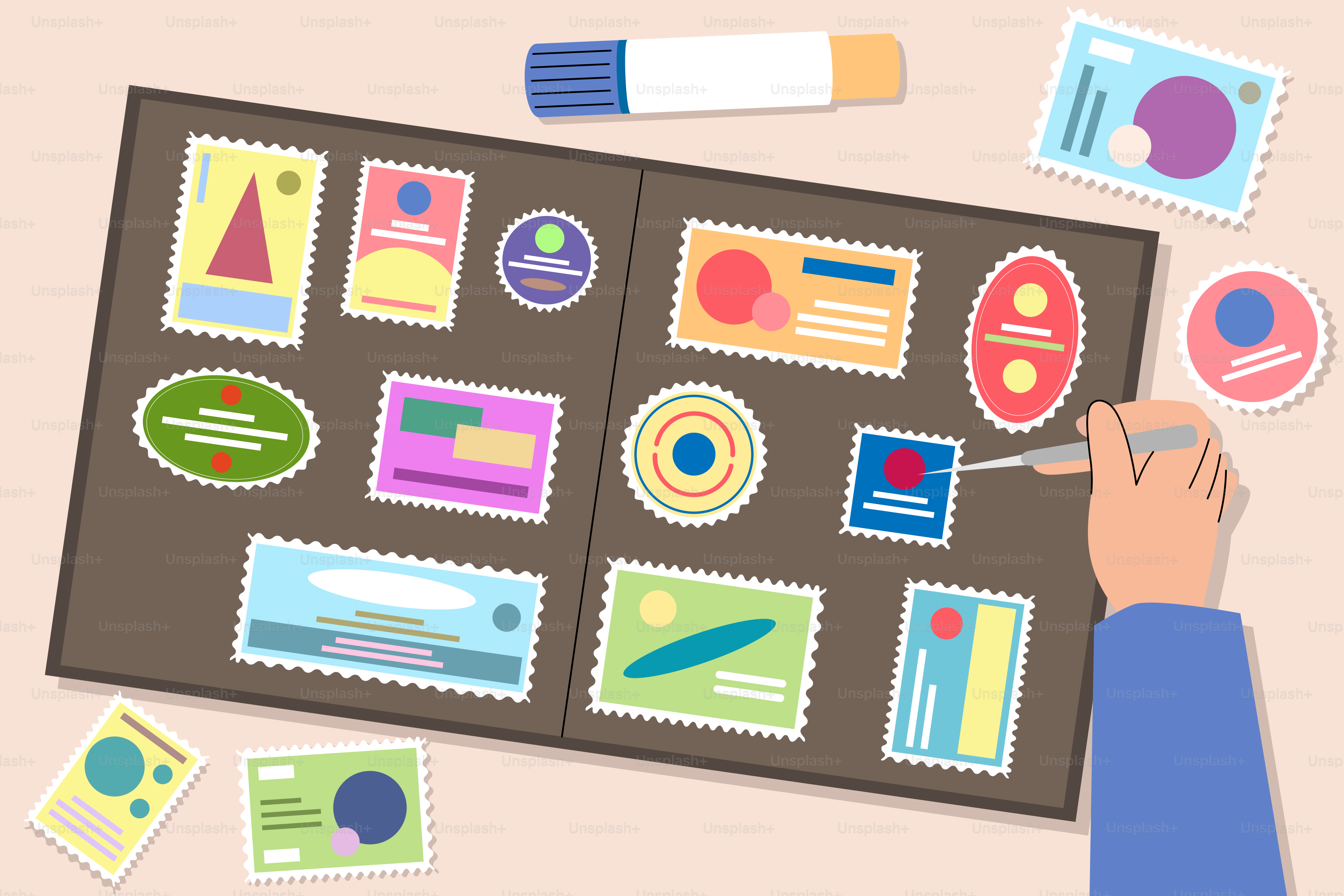 Stamps are being placed in a collector's album.