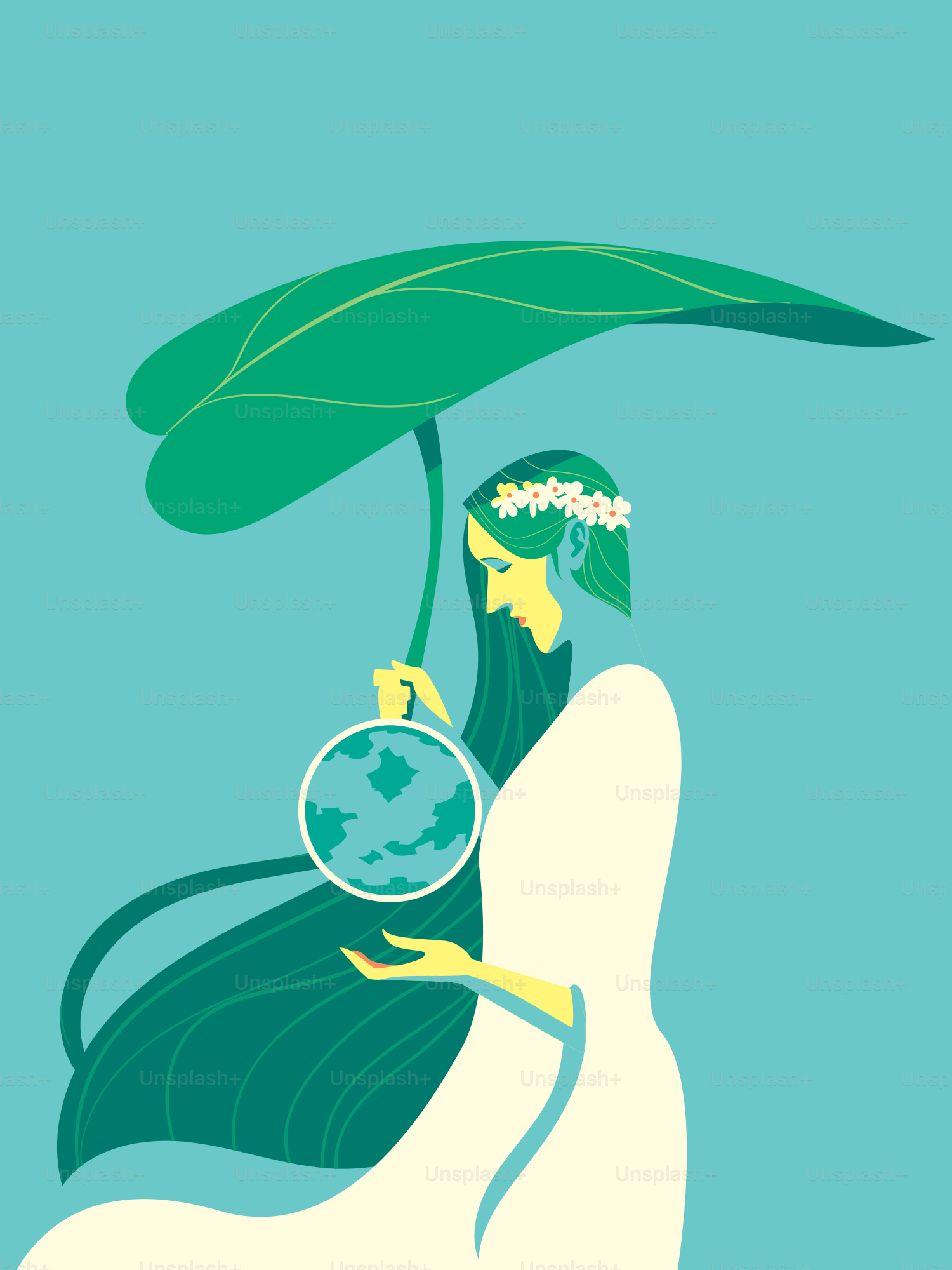 Woman protects the earth with a leaf.