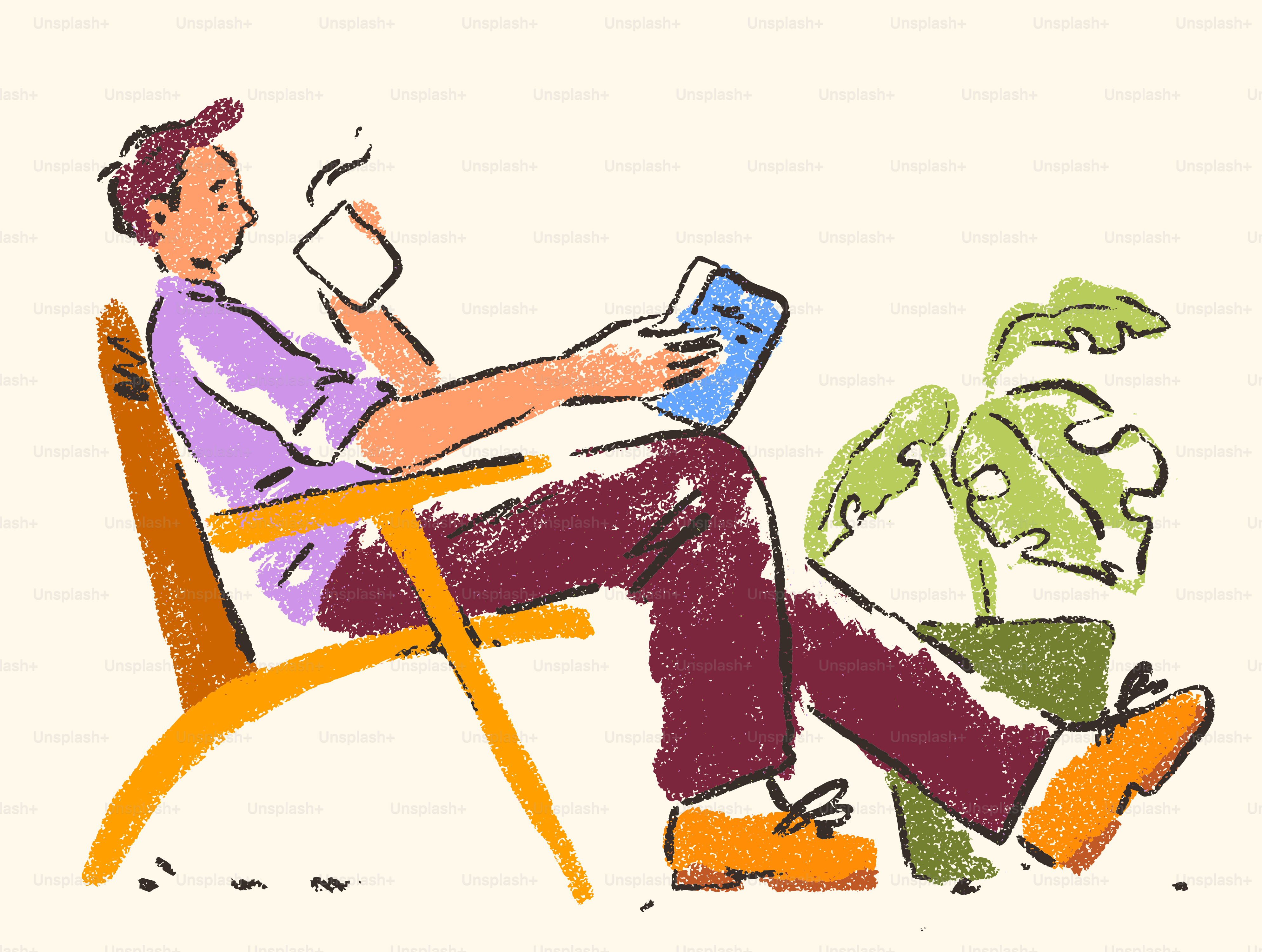 Man is relaxing, reading a book, and drinking coffee.