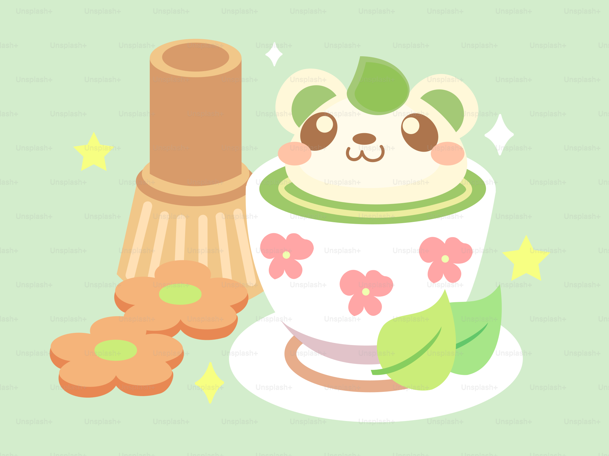 Adorable bear matcha latte with cookies. vector – Illustration Image on ...