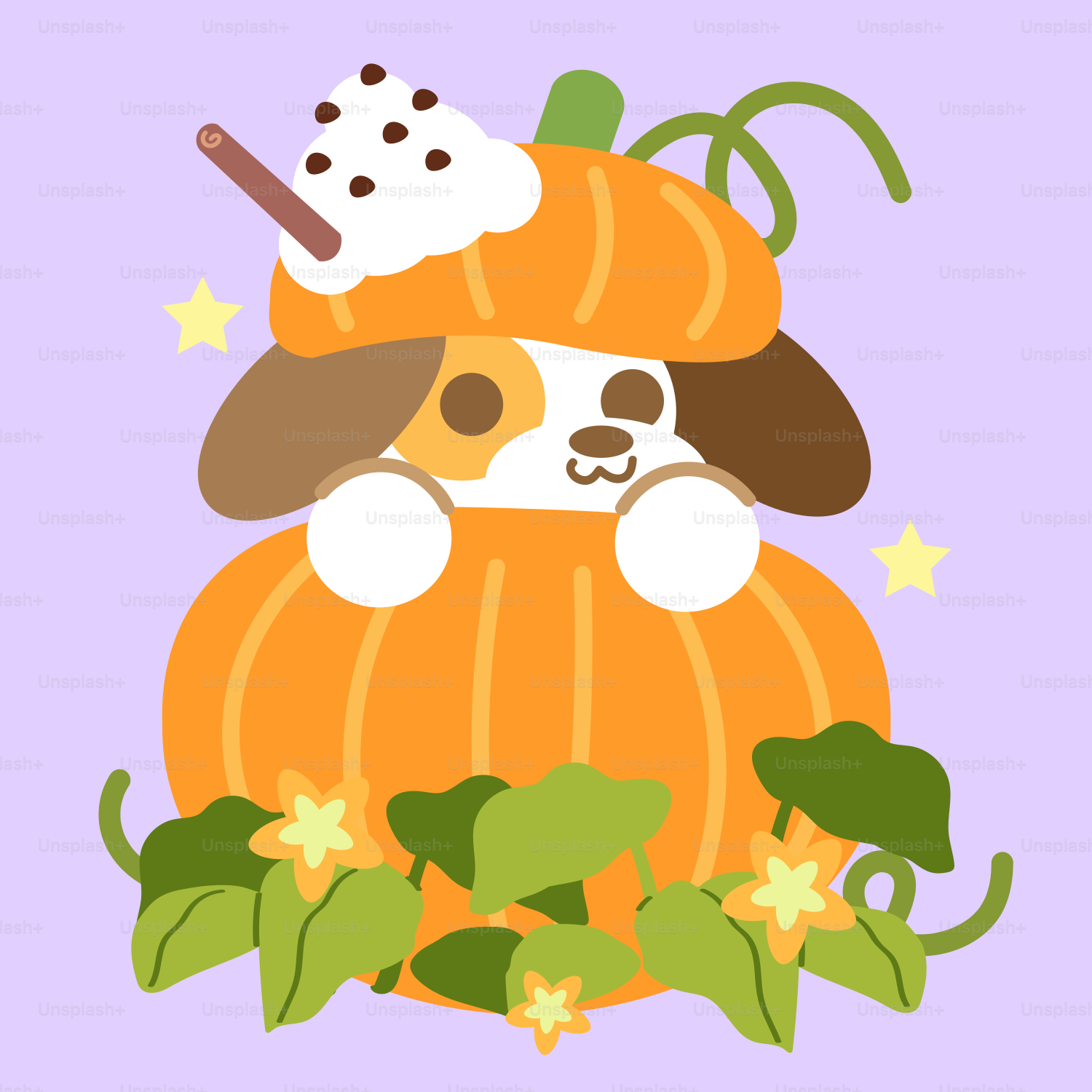 A cute doggy is in a pumpkin latte.
